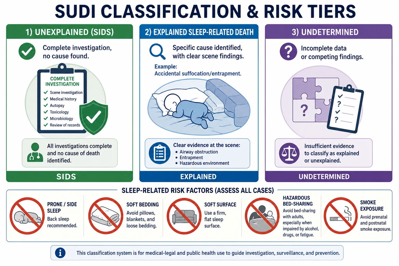 Educational schematic with three columns for unexplained SIDS, explained sleep-related death, and undetermined classification, plus a risk checklist for prone sleep, soft bedding, soft surfaces, hazardous bed-sharing and smoke