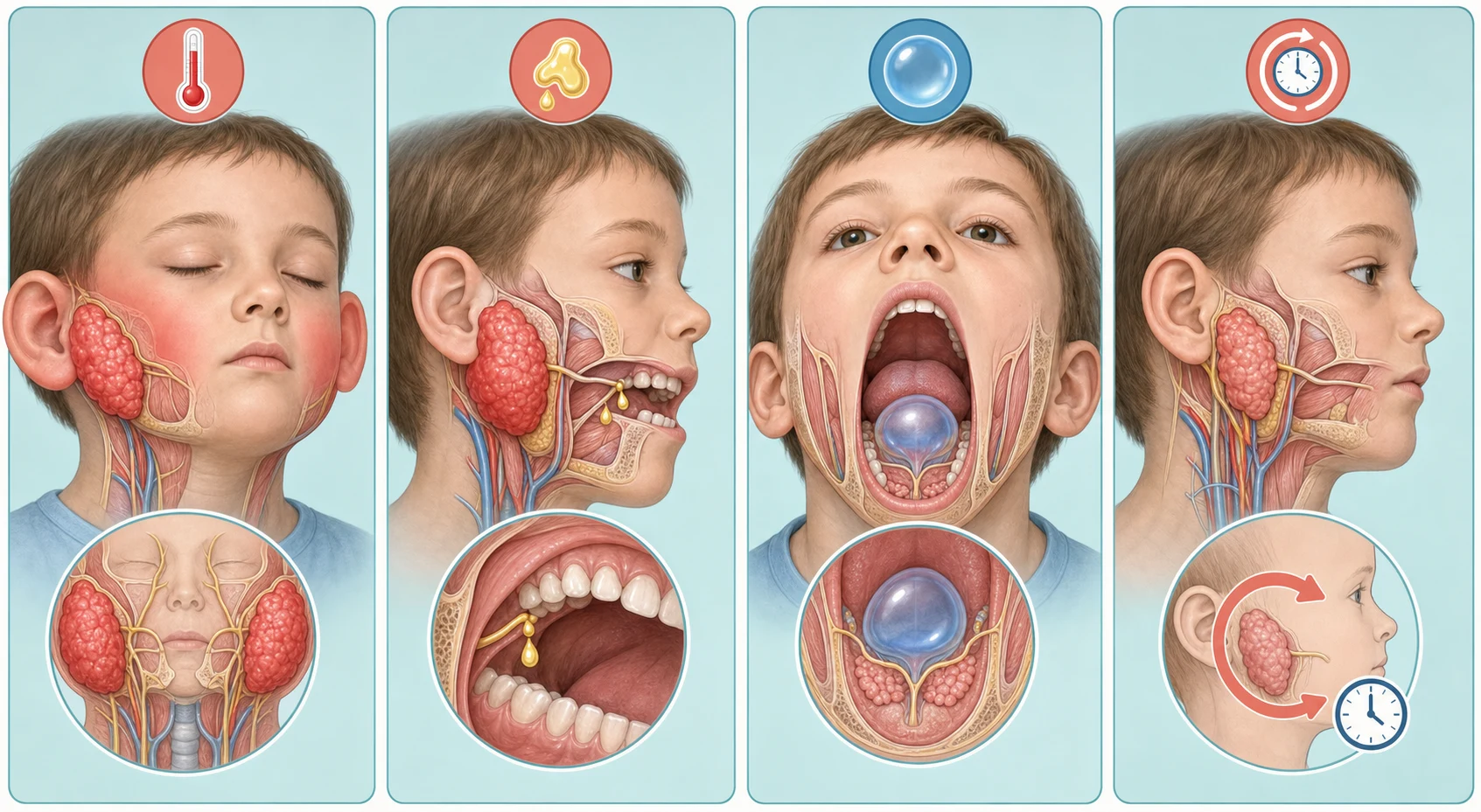 Four-panel anatomical schematic of a child's head and neck showing four patterns of paediatric salivary gland disease: mumps with symmetrically enlarged red tender parotid glands on both cheeks with a fever thermometer; acute suppurative parotitis with a single red swollen parotid gland on one side and yellow pus emerging from the Stensen duct near the upper second molar; a ranula as a blue translucent dome-shaped swelling in the floor of the mouth under the tongue; and juvenile recurrent parotitis showing a recurrent-clock symbol over a partially enlarged parotid gland.