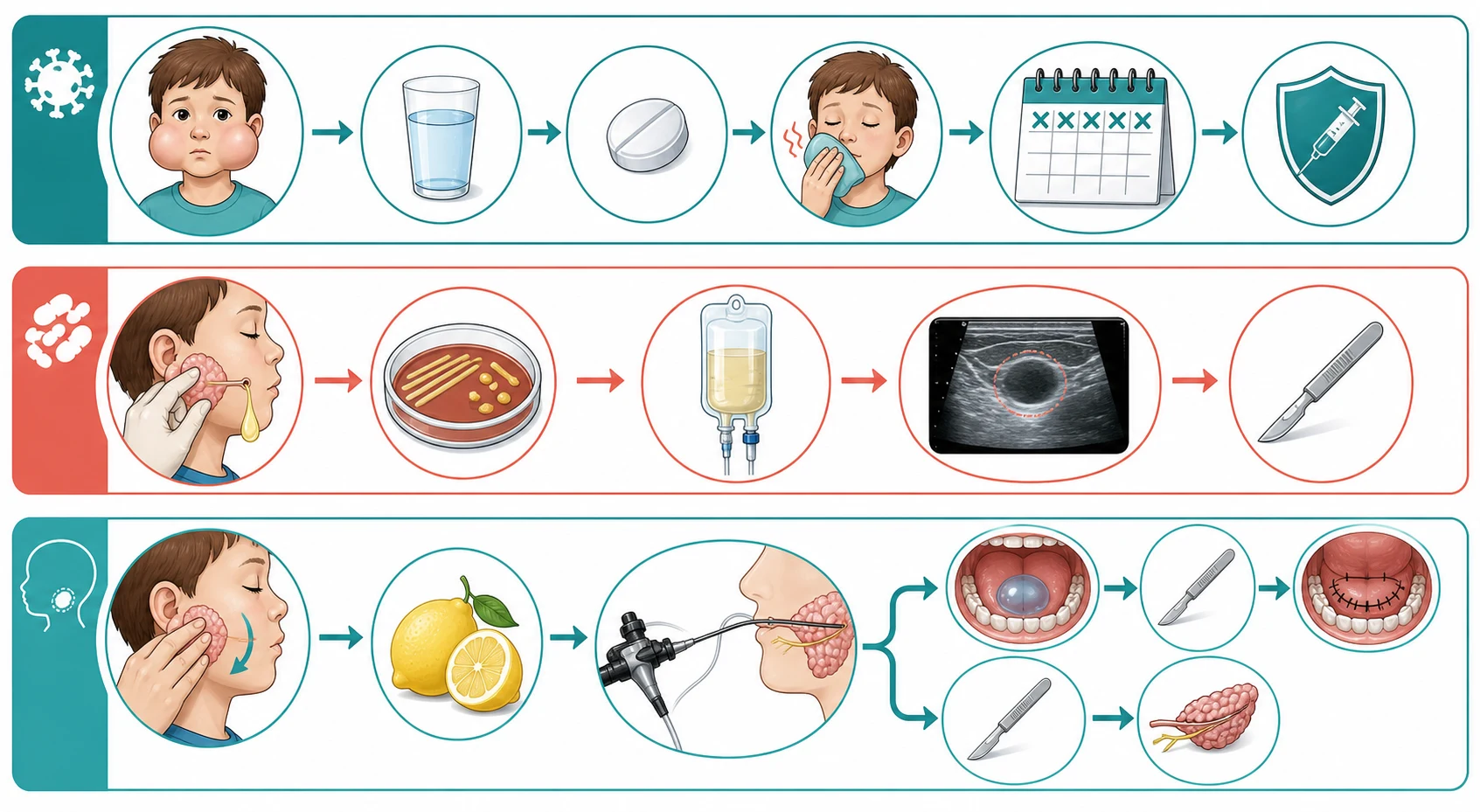 Three-row stepwise management pathway for paediatric salivary gland disease: the top row for mumps flows through supportive care with analgesia, warm compresses and hydration, five-day isolation from school, and a safety-net for orchitis, meningitis and pancreatitis; the middle row for acute suppurative parotitis flows through milking the Stensen duct to confirm pus, blood and pus cultures, intravenous flucloxacillin, ultrasound for abscess and surgical drainage if needed; the bottom row for juvenile recurrent parotitis and ranula flows through gland massage, sialogogues, hydration, sialendoscopy referral for refractory JRP, and surgical referral for marsupialisation or sublingual gland excision for ranula.