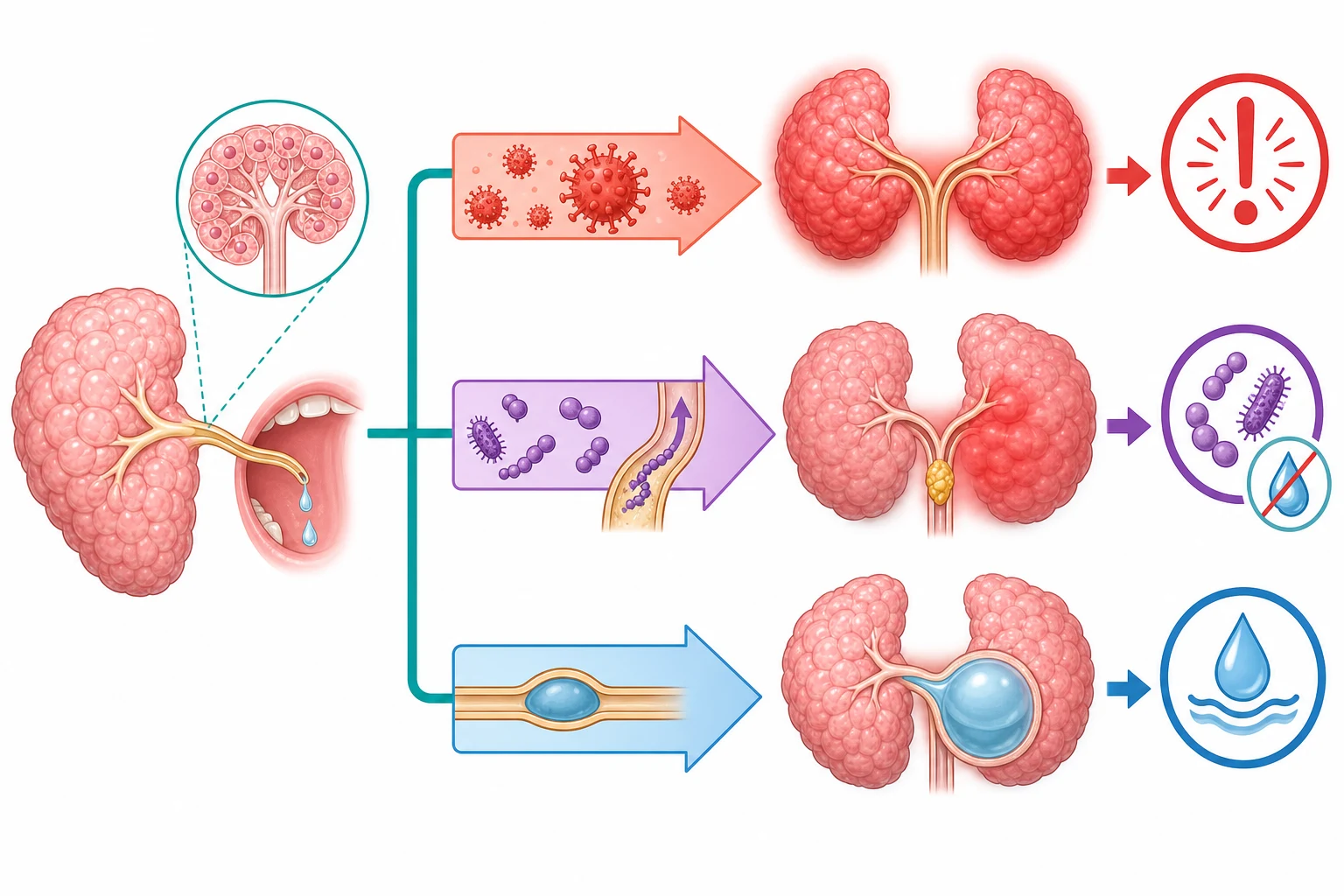 Left-to-right pathophysiology cascade of paediatric salivary gland disease: a healthy parotid gland with a clear Stensen duct draining saliva into the mouth; then three arrows disrupting it — mumps paramyxovirus particles replicating in acinar cells causing bilateral oedema and duct compression, Staphylococcus aureus bacteria ascending the duct with purulent obstruction in a dehydrated host, and a blocked sublingual duct forming a blue mucous retention cyst (ranula); the right panel flags the complications of mumps including orchitis in a testis symbol, meningitis in a brain symbol and pancreatitis in a pancreas symbol.