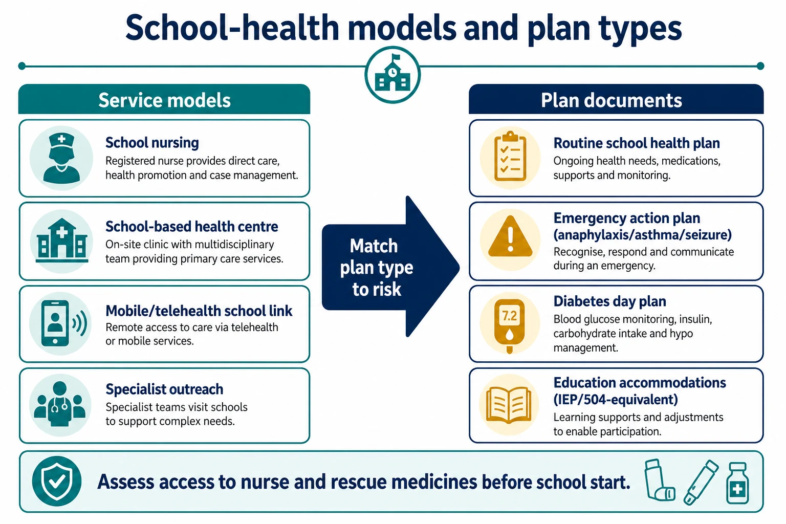 Educational flowchart classifying school-health service models and plan document types