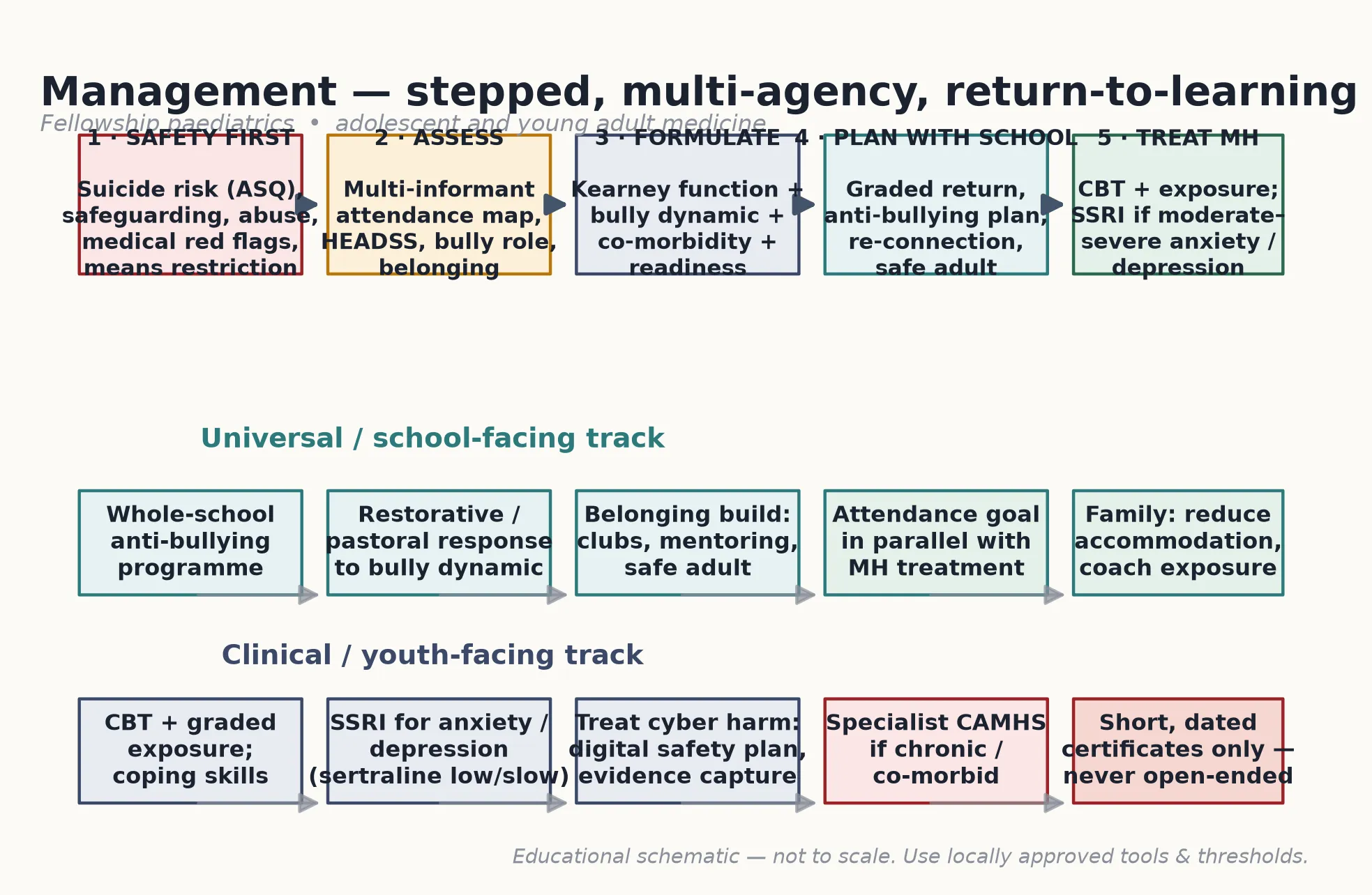 Educational stepped-management algorithm showing a five-step upper pathway over parallel school-facing and youth-facing tracks
