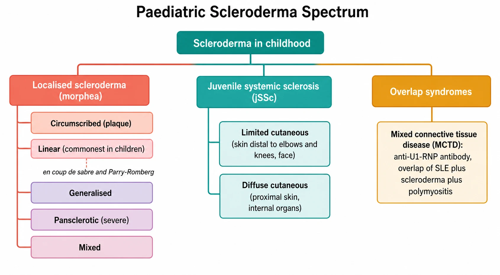 A clean medical-education classification schematic on a white background titled Paediatric Scleroderma Spectrum. A single teal root box labelled Scleroderma in childhood splits into three colour-coded branches. The left coral branch is labelled Localised scleroderma (morphea) with five boxes for the subtypes Circumscribed plaque, Linear commonest in children with the annotation en coup de sabre and Parry-Romberg, Generalised, Pansclerotic severe, and Mixed. The middle teal branch is labelled Juvenile systemic sclerosis (jSSc) with two boxes for the Limited cutaneous disease affecting skin distal to elbows and knees and face, and the Diffuse cutaneous disease affecting proximal skin and the internal organs. The right amber branch is labelled Overlap syndromes with a box for the Mixed connective tissue disease (MCTD) defined by the anti-U1-RNP antibody and the overlap of SLE plus scleroderma plus polymyositis.