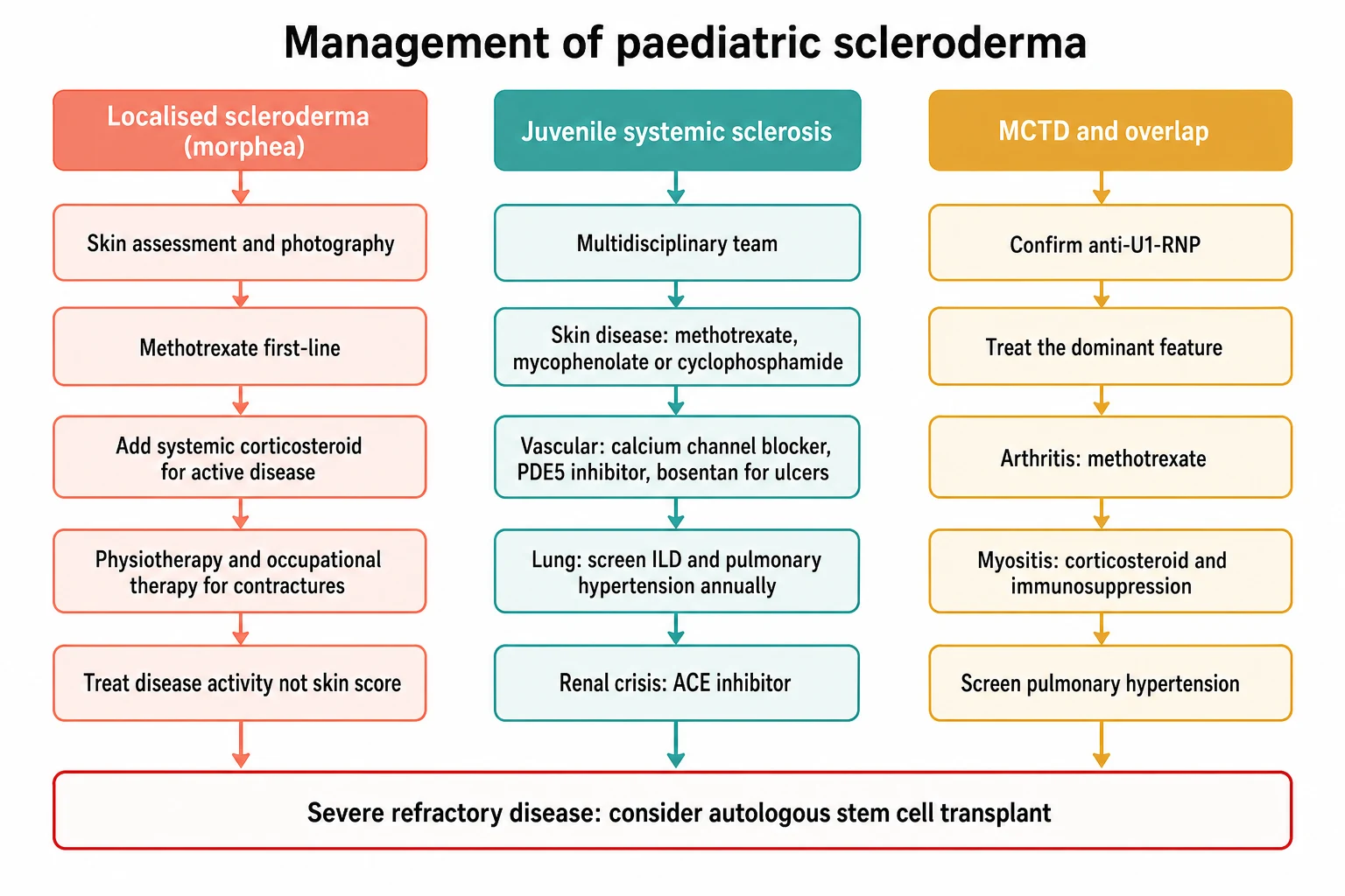 A clean medical-education management flowchart on a white background titled Management of paediatric scleroderma. Three colour-coded columns stand side by side. The left coral column is labelled Localised scleroderma (morphea) with boxes reading skin assessment and photography, methotrexate first-line, add systemic corticosteroid for active disease, physiotherapy and occupational therapy for contractures, and treat disease activity not skin score. The middle teal column is labelled Juvenile systemic sclerosis with boxes reading multidisciplinary team, skin disease methotrexate mycophenolate or cyclophosphamide, vascular calcium channel blocker PDE5 inhibitor bosentan for ulcers, lung screen ILD and pulmonary hypertension annually, and renal crisis ACE inhibitor. The right amber column is labelled MCTD and overlap with boxes reading confirm anti-U1-RNP, treat the dominant feature, arthritis methotrexate, myositis corticosteroid and immunosuppression, and screen pulmonary hypertension. A red-bordered box spans all three at the bottom: severe refractory disease consider autologous stem cell transplant.