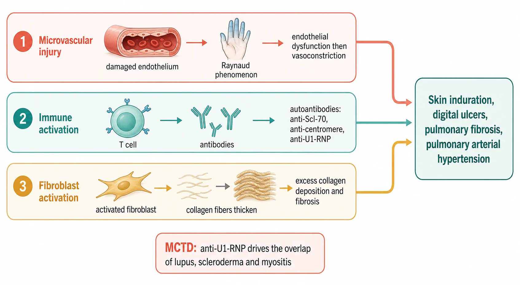 A clean medical-education pathophysiology schematic on a white background showing the scleroderma disease triad in three colour-coded lanes that converge into a single outcome box. Lane one in coral is labelled one Microvascular injury and shows a small blood vessel with a damaged endothelium, a frosty blue hand symbol for the Raynaud phenomenon, and the text endothelial dysfunction then vasoconstriction. Lane two in teal is labelled two Immune activation and shows immune T-cell and antibody icons and the text autoantibodies anti-Scl-70, anti-centromere, anti-U1-RNP. Lane three in amber is labelled three Fibroblast activation and shows collagen fibre bundles thickening and the text excess collagen deposition and fibrosis. The three lanes converge with arrows to a central outcome box labelled skin induration, digital ulcers, pulmonary fibrosis, pulmonary arterial hypertension. Beneath, a coral box reads MCTD anti-U1-RNP characterises the overlap of lupus, scleroderma and myositis.