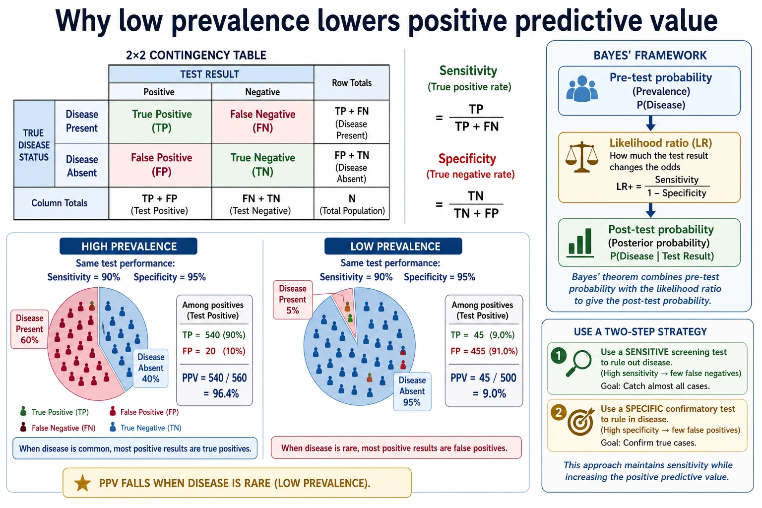 Educational schematic of 2x2 table and low-prevalence effect on positive predictive value with two-step screen-confirm pathway