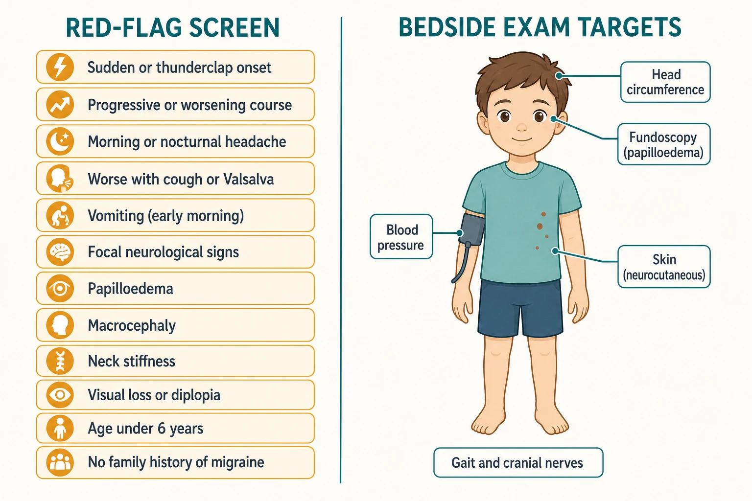 A two-column red-flag screen for secondary headache on the left, listing thunderclap onset, progressive course, morning headache, worsening with cough, vomiting, focal signs, papilloedema, macrocephaly, neck stiffness, visual loss, age under six and no family history; and bedside examination targets on the right, namely blood pressure, head circumference, neurocutaneous skin, fundoscopy for papilloedema, gait and cranial nerves.