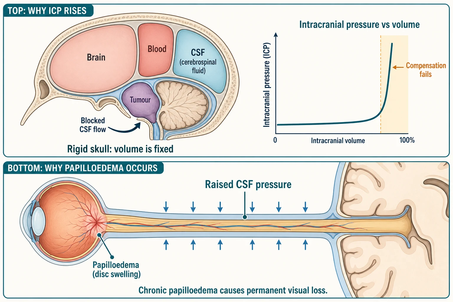 Top panel: a schematic skull cross-section holding brain, blood and cerebrospinal fluid, with a posterior fossa tumour blocking cerebrospinal fluid flow, beside a line graph of intracranial pressure against volume that stays flat then curves steeply upward where compensation fails. Bottom panel: an optic nerve in its sheath running from the eye to the brain, with raised cerebrospinal fluid pressure transmitted along the sheath producing papilloedema and the risk of permanent visual loss.