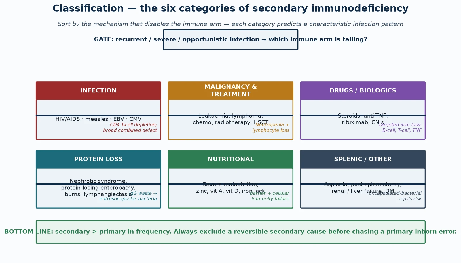 Threat gate at top for recurrent or opportunistic infection, then six category boxes — infection, malignancy and treatment, drugs and biologics, protein loss, nutritional, splenic and other — each annotated with the immune arm it disables, with a footer on reversibility