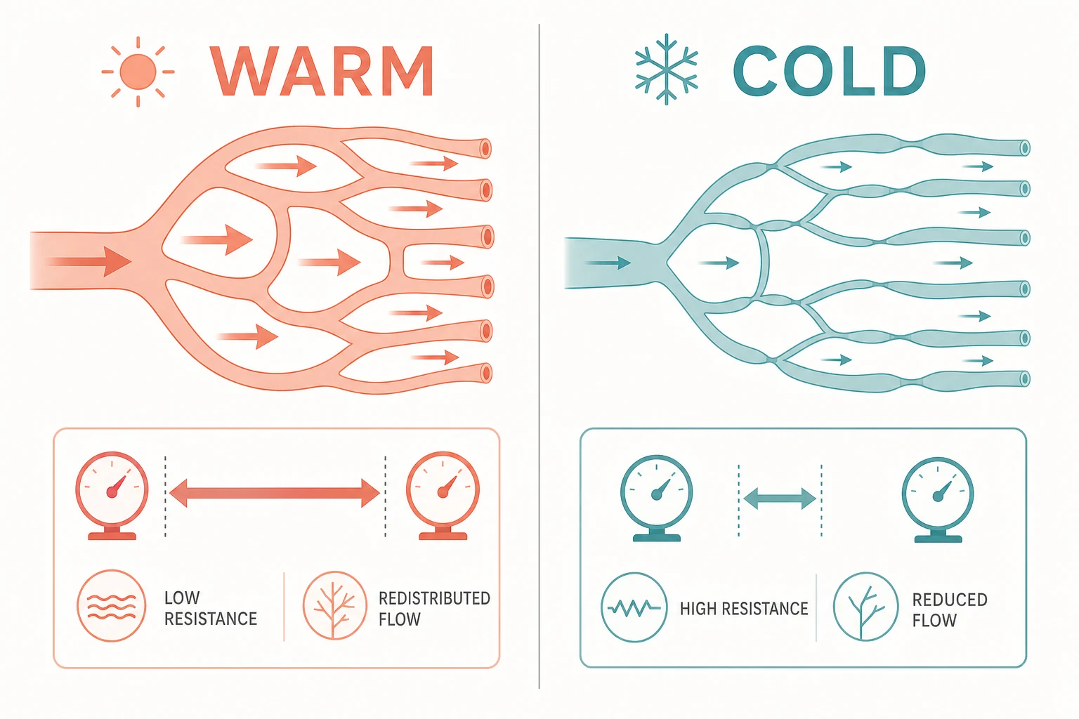 Reviewed educational schematic contrasting warm shock (vasodilated, wide pulse pressure, warm extremities, low systemic vascular resistance) with cold shock (vasoconstricted, narrow pulse pressure, cold mottled extremities, high systemic vascular resistance) as two circulatory patterns