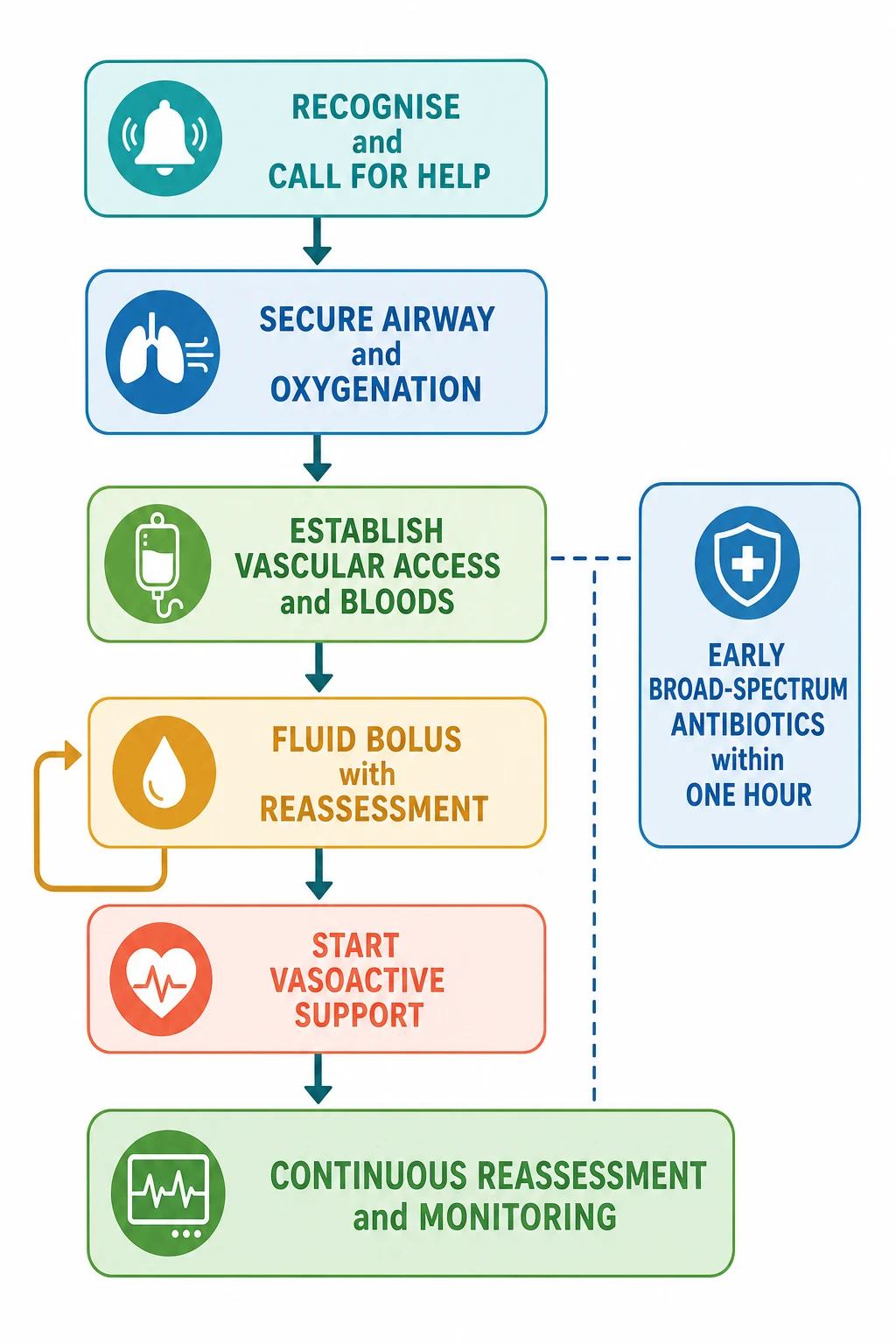 Reviewed educational schematic of the first-hour septic shock resuscitation pathway as a vertical flowchart: recognise and call for help, secure airway and oxygenation, establish vascular access and bloods, fluid bolus with reassessment loop, start vasoactive support, with a parallel box for early broad-spectrum antibiotics within one hour and a base box for continuous reassessment and monitoring