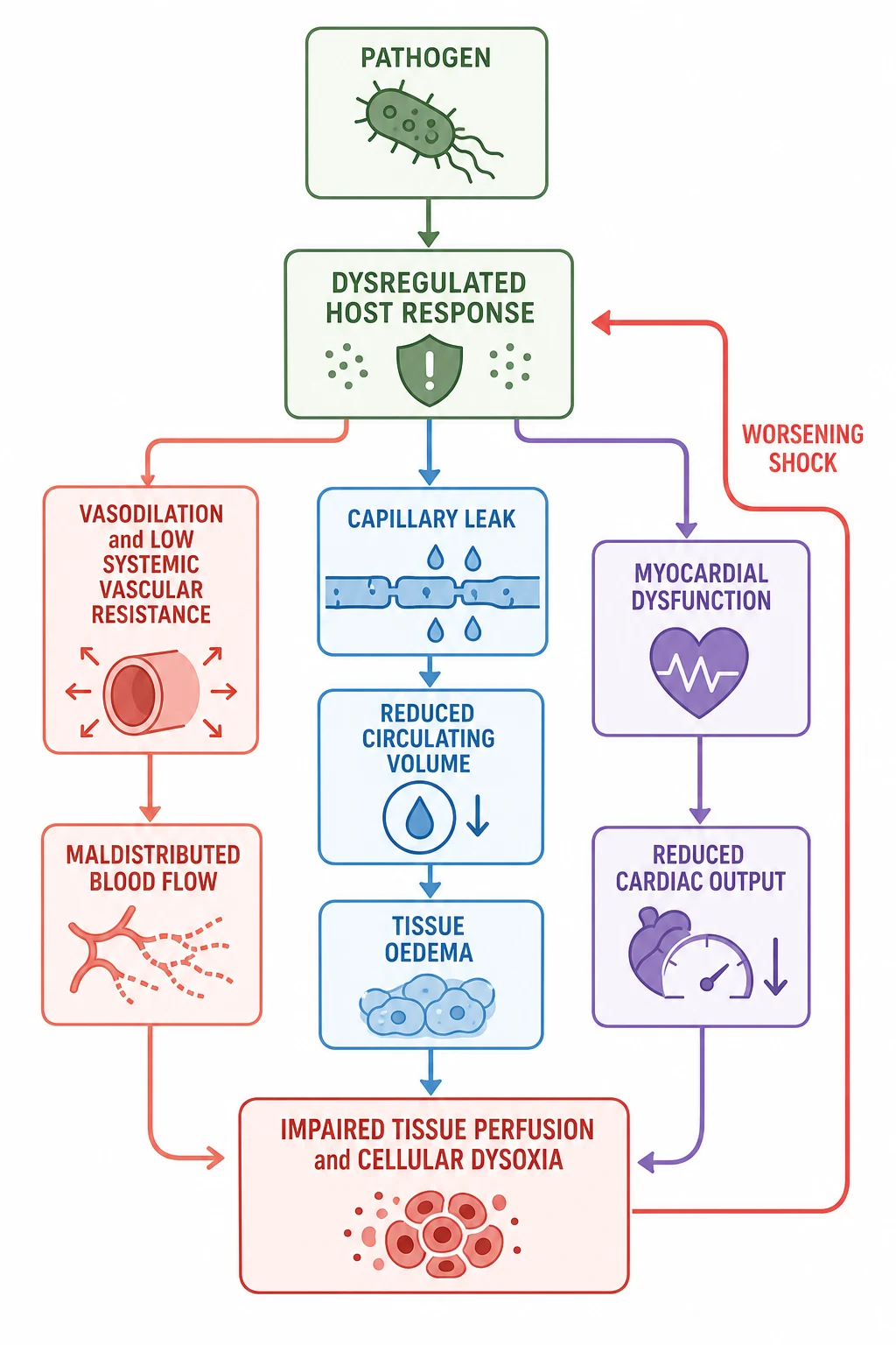 Reviewed educational schematic of the septic shock cascade: pathogen drives a dysregulated host response that branches into vasodilation with low systemic vascular resistance, capillary leak with reduced circulating volume, and myocardial dysfunction with reduced cardiac output, all converging on impaired tissue perfusion and cellular dysoxia, with a feedback loop to worsening shock