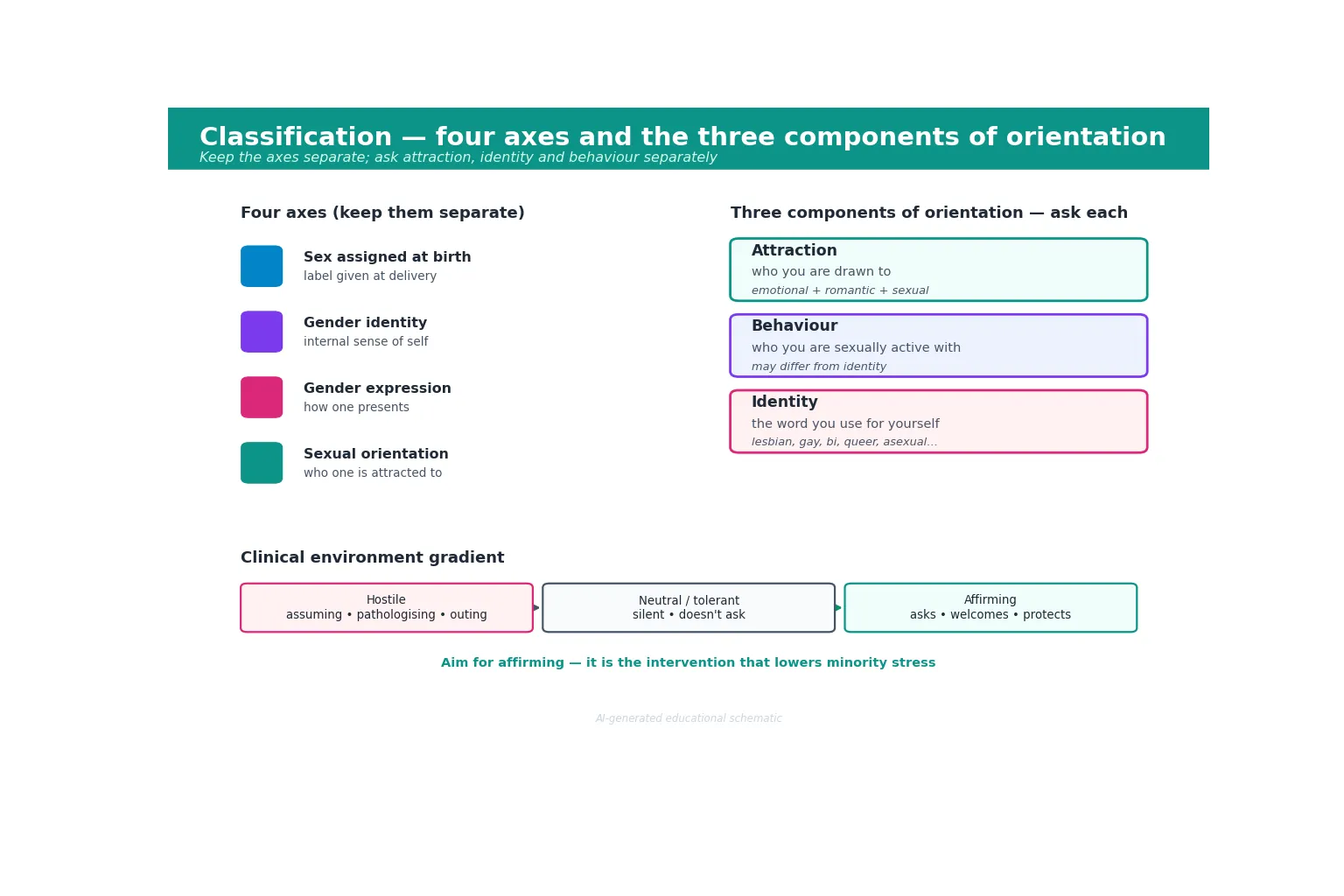 Classification board showing the four separate axes of sex assigned at birth, gender identity, gender expression and sexual orientation, the three components of orientation (attraction, behaviour, identity) and a gradient from hostile through neutral to affirming clinical environments