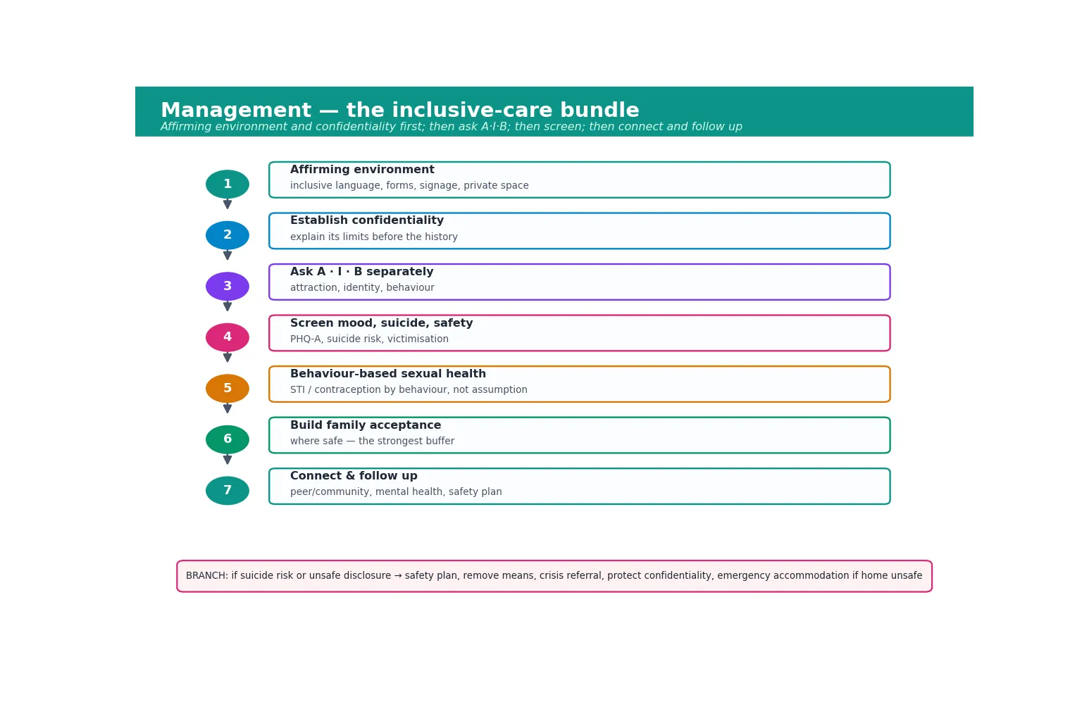 Stepwise inclusive-care algorithm from affirming environment and confidentiality through asking attraction, identity and behaviour separately, screening mood and safety, behaviour-based sexual health, building family acceptance, and connecting to supports with a branch to acute safety planning