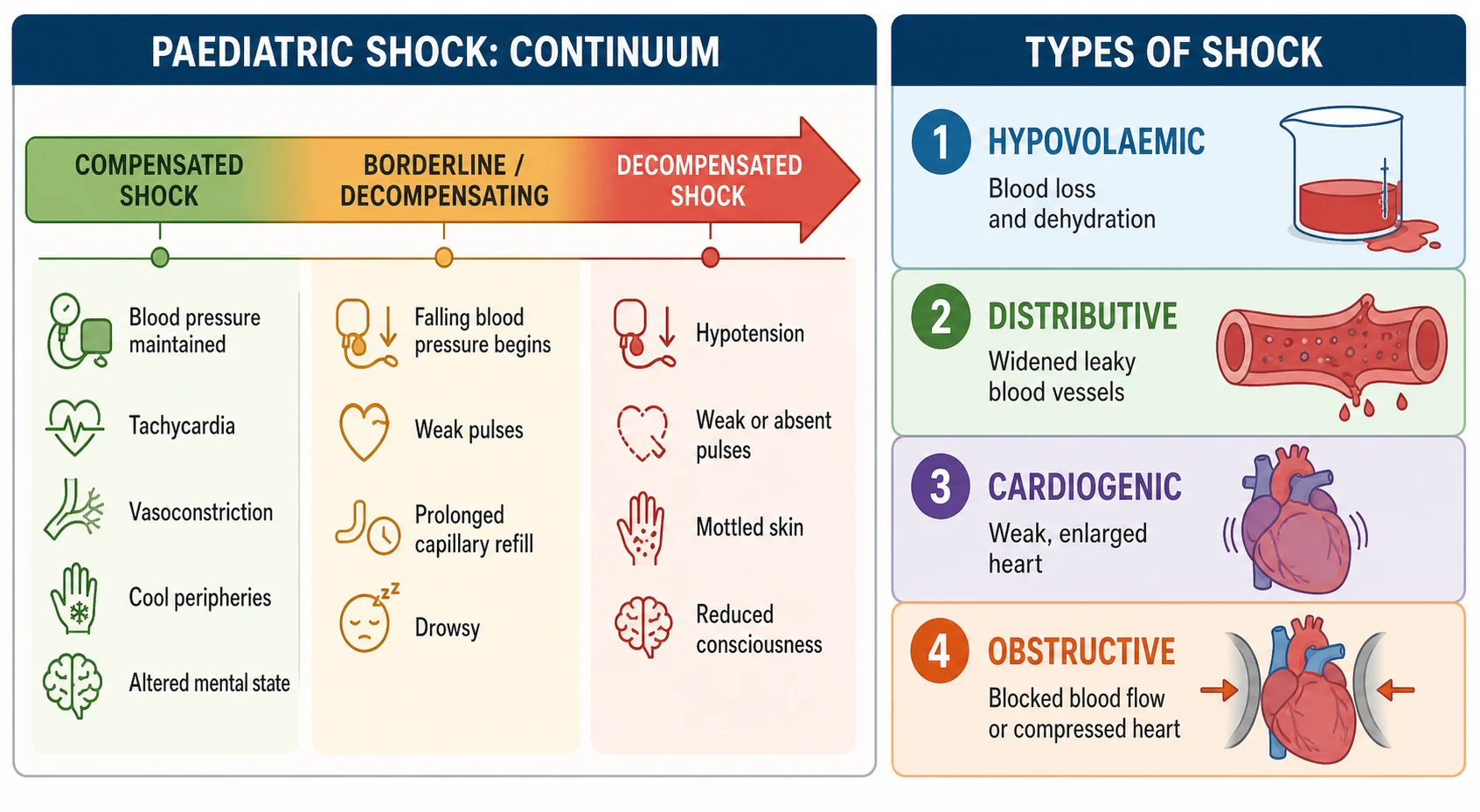 Reviewed educational schematic showing paediatric shock classified two ways. On the left a horizontal continuum bar in three colour zones: green compensated shock with maintained blood pressure, amber borderline decompensating, red decompensated shock with hypotension. On the right four stacked panels for the shock types: hypovolaemic, distributive, cardiogenic and obstructive, each with a simple icon.