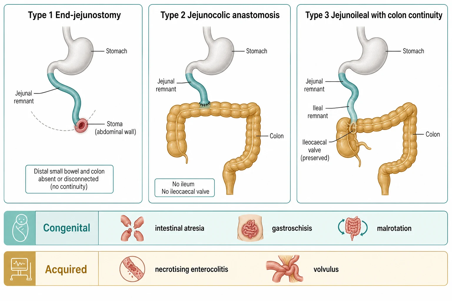 Three-panel anatomical classification of short bowel syndrome. Panel one labelled Type 1 End-jejunostomy shows a short jejunal remnant ending in a stoma on the abdominal wall with no colon continuity. Panel two labelled Type 2 Jejunocolic anastomosis shows a jejunal remnant joined directly to the colon with no ileum and no ileocaecal valve. Panel three labelled Type 3 Jejunoileal with colon continuity shows a jejunal remnant joined to a short ileal segment connecting to an intact colon with the ileocaecal valve preserved. A legend strip below separates the congenital causes, intestinal atresia, gastroschisis and malrotation, from the acquired causes, necrotising enterocolitis and volvulus.