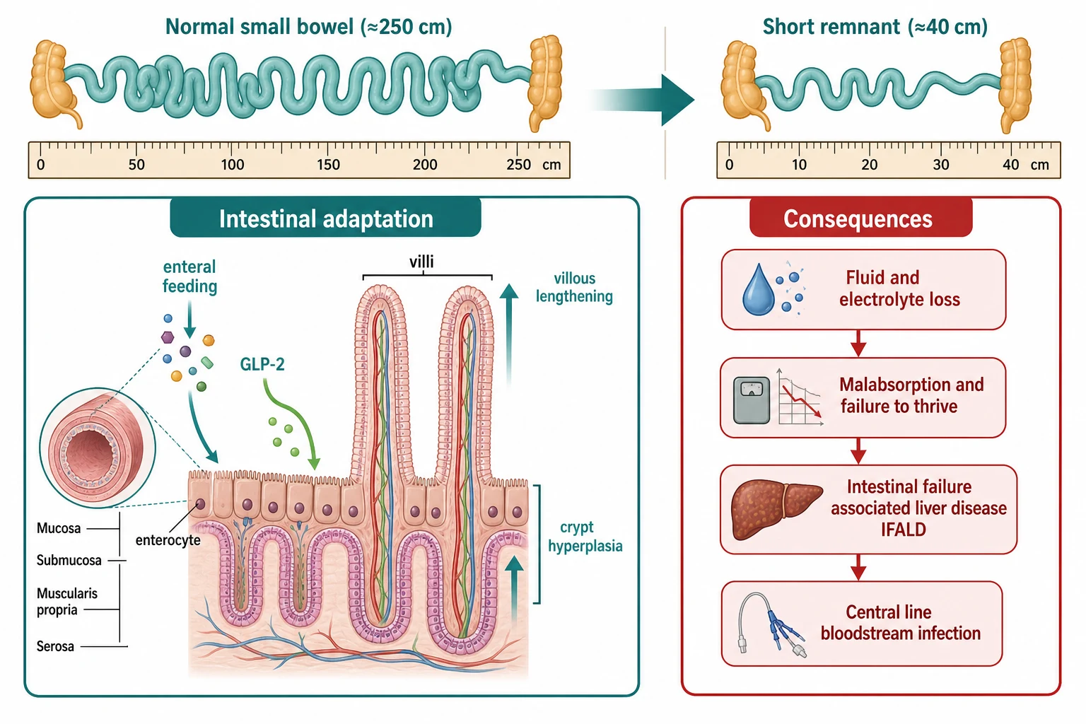 Two-part pathophysiology diagram. A top ribbon compares a normal small bowel of about 250 centimetres with a short remnant of about 40 centimetres. The left panel labelled Intestinal adaptation shows a magnified bowel-wall cross-section with taller villi labelled villous lengthening and crypt hyperplasia, an arrow from enteral feeding and an arrow labelled GLP-2 pointing to the enterocyte. The right panel labelled Consequences shows a downward flow of four boxes reading Fluid and electrolyte loss, then Malabsorption and failure to thrive, then Intestinal failure associated liver disease IFALD, then Central line bloodstream infection.