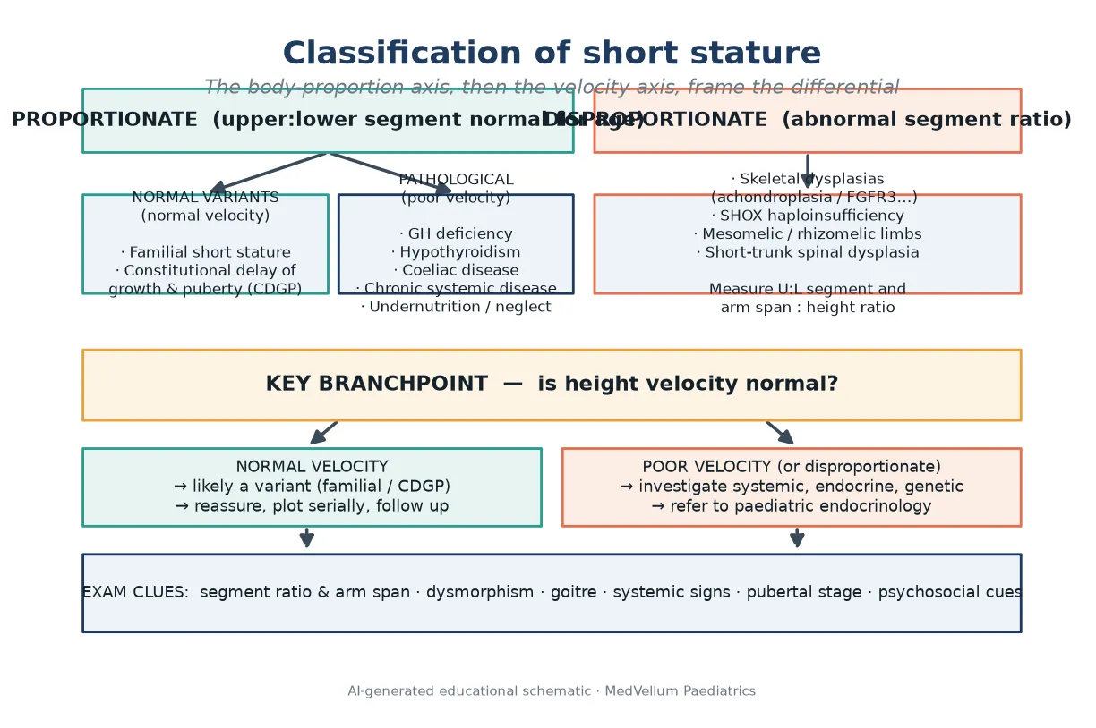 Classification of short stature by body proportion and by growth velocity, with proportionate normal-variant and pathological branches and a disproportionate branch listing skeletal dysplasia and SHOX deficiency