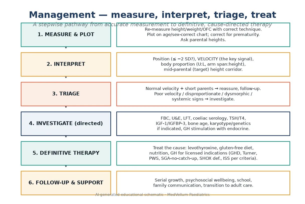 Six-step management pathway from accurate measurement and plotting through interpretation, triage, directed investigation, cause-directed definitive therapy and follow-up with transition