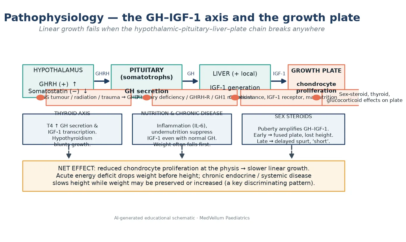 The hypothalamus to pituitary to liver to growth-plate chain with growth hormone and IGF-1, plus the thyroid, nutrition and sex-steroid modifiers, and the failure points that cause poor linear growth