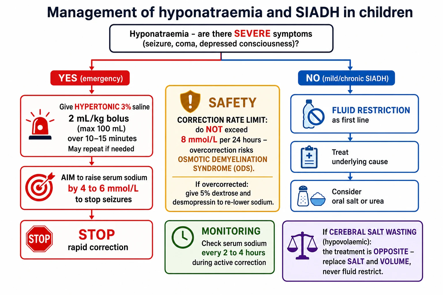 Management algorithm for paediatric hyponatraemia and SIADH. Top decision node asks whether there are severe symptoms such as seizure, coma, or depressed consciousness. The yes emergency branch gives hypertonic 3 per cent saline 2 mL per kilogram bolus maximum 100 mL over 10 to 15 minutes, may repeat, aiming to raise serum sodium by 4 to 6 mmol per litre to stop seizures, then stop rapid correction. The no branch for mild or chronic SIADH gives fluid restriction as first line, treat the underlying cause, and consider oral salt or urea. A central safety box states the correction rate limit: do not exceed 8 mmol per litre per 24 hours because overcorrection risks osmotic demyelination syndrome, and if overcorrected give 5 per cent dextrose and desmopressin to re-lower the sodium. A separate box warns that cerebral salt wasting is hypovolaemic and the treatment is the opposite, replace salt and volume and never fluid restrict. A monitoring box says check serum sodium every 2 to 4 hours during active correction.
