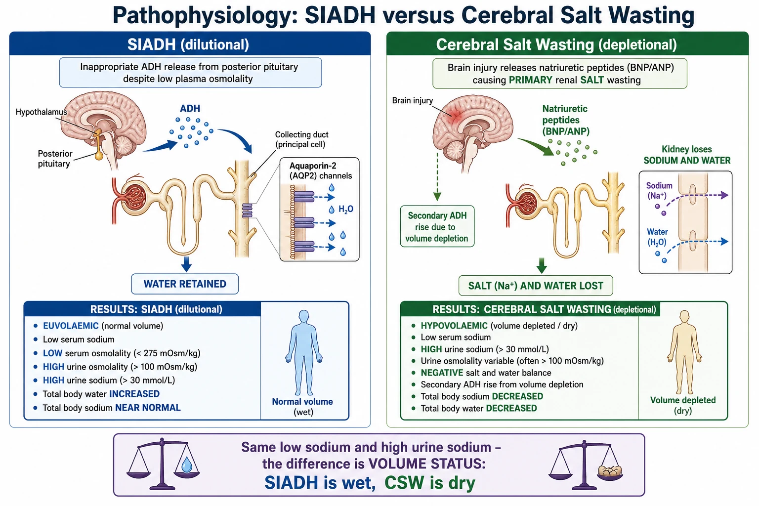 Pathophysiology diagram contrasting SIADH and cerebral salt wasting. Left panel SIADH dilutional: inappropriate ADH release from the posterior pituitary despite low plasma osmolality, acting on collecting duct aquaporin-2 channels so water is retained; results are euvolaemic, low serum sodium, low serum osmolality under 275, high urine osmolality over 100, high urine sodium over 30, total body water increased and total body sodium near normal. Right panel cerebral salt wasting depletional: brain injury releases natriuretic peptides causing primary renal salt wasting so the kidney loses sodium and water; results are hypovolaemic and dry, low serum sodium, high urine sodium, negative salt and water balance, and a secondary ADH rise from volume depletion. Central banner: same low sodium and high urine sodium, the difference is volume status, SIADH is wet and CSW is dry.