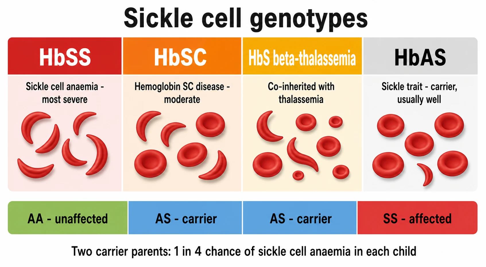 A clean medical-education schematic on a white background. Four colour-coded columns across the top show the genotypes: red HbSS labelled sickle cell anaemia most severe, orange HbSC labelled haemoglobin SC disease moderate, amber HbS beta-thalassaemia labelled co-inherited with thalassaemia, and light grey HbAS labelled sickle trait carrier usually well. Below the columns a four-segment horizontal probability bar reads AA unaffected, AS carrier, AS carrier, SS affected, with the caption two carrier parents give a one in four chance of sickle cell anaemia in each child.