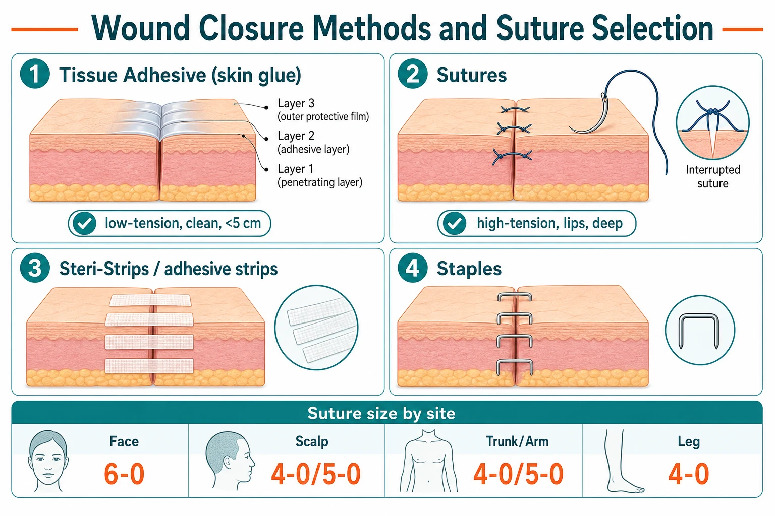 Educational schematic of the four wound closure methods (tissue adhesive, sutures, adhesive strips, staples) in a four-panel grid and a suture-size-by-site table (face 6-0, scalp 4-0/5-0, trunk and arm 4-0/5-0, leg 4-0)