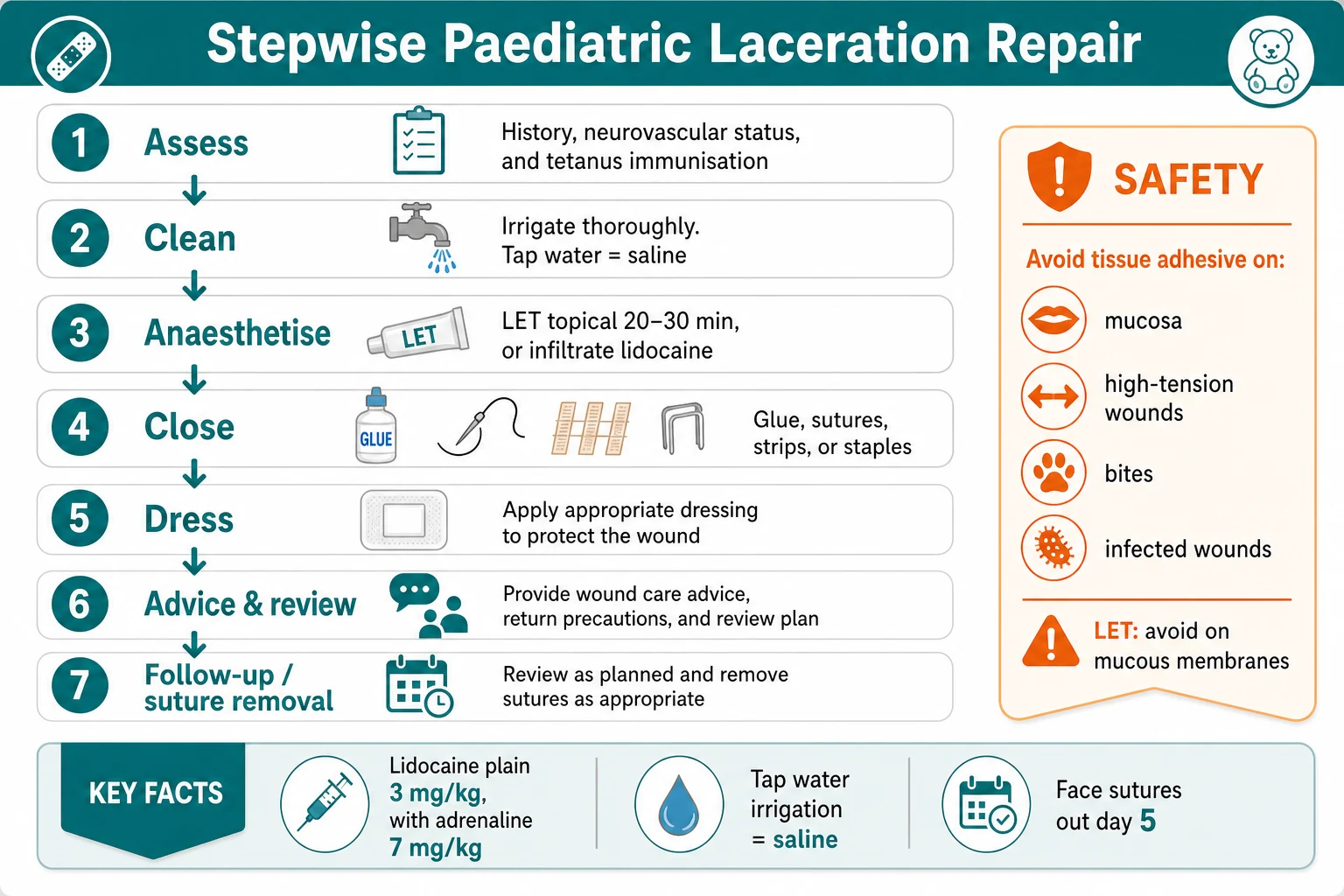 Educational schematic of a seven-step laceration repair algorithm (assess, clean, anaesthetise, close, dress, advise, follow-up) with a safety ribbon on tissue-adhesive and LET contraindications and a key-facts card on lidocaine maximum doses and tap water irrigation