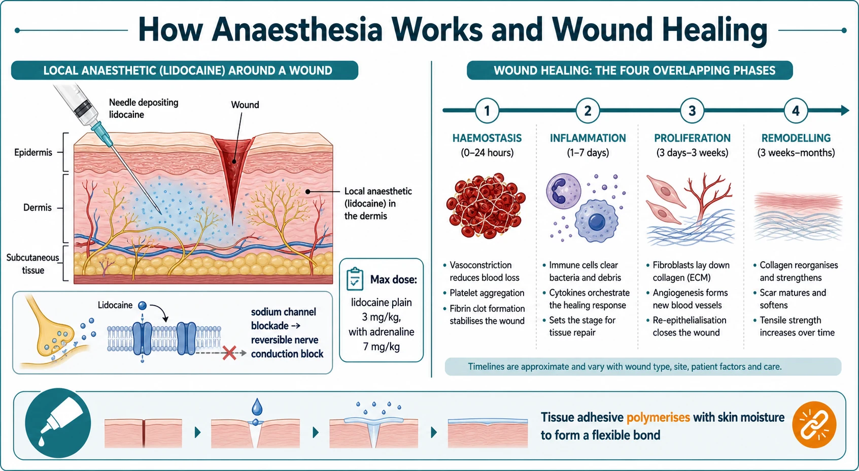 Educational schematic showing a cross-section of skin with a needle depositing lidocaine into the dermis labelled sodium channel blockade, the local anaesthetic maximum dose callout, and a four-phase wound healing timeline (haemostasis, inflammation, proliferation, remodelling)
