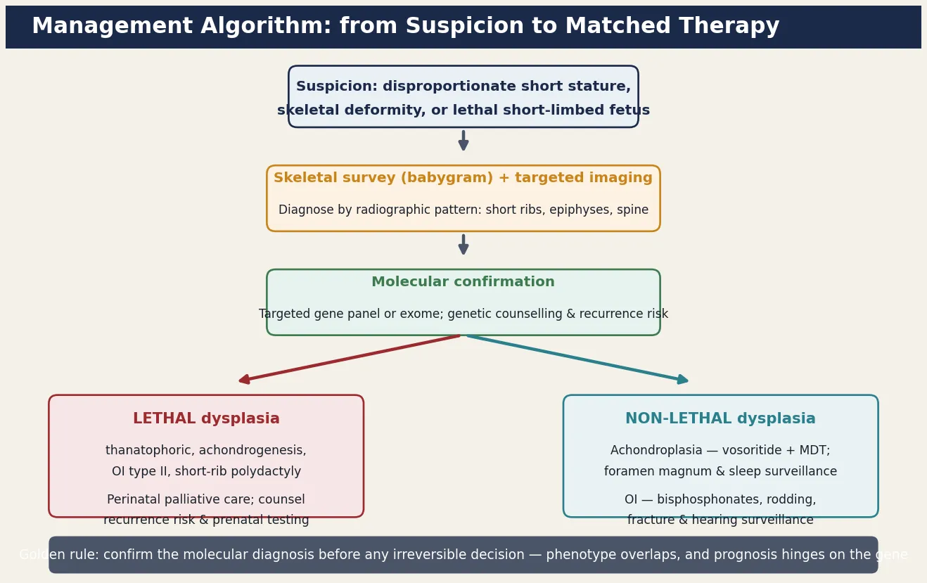Management algorithm for a suspected skeletal dysplasia, from clinical suspicion or abnormal prenatal scan, through skeletal survey and molecular confirmation, to a treatment branch by lethal versus non-lethal status, with vosoritide and multidisciplinary care for achondroplasia, bisphosphonates and rodding for osteogenesis imperfecta, and palliative care for the lethal dysplasias