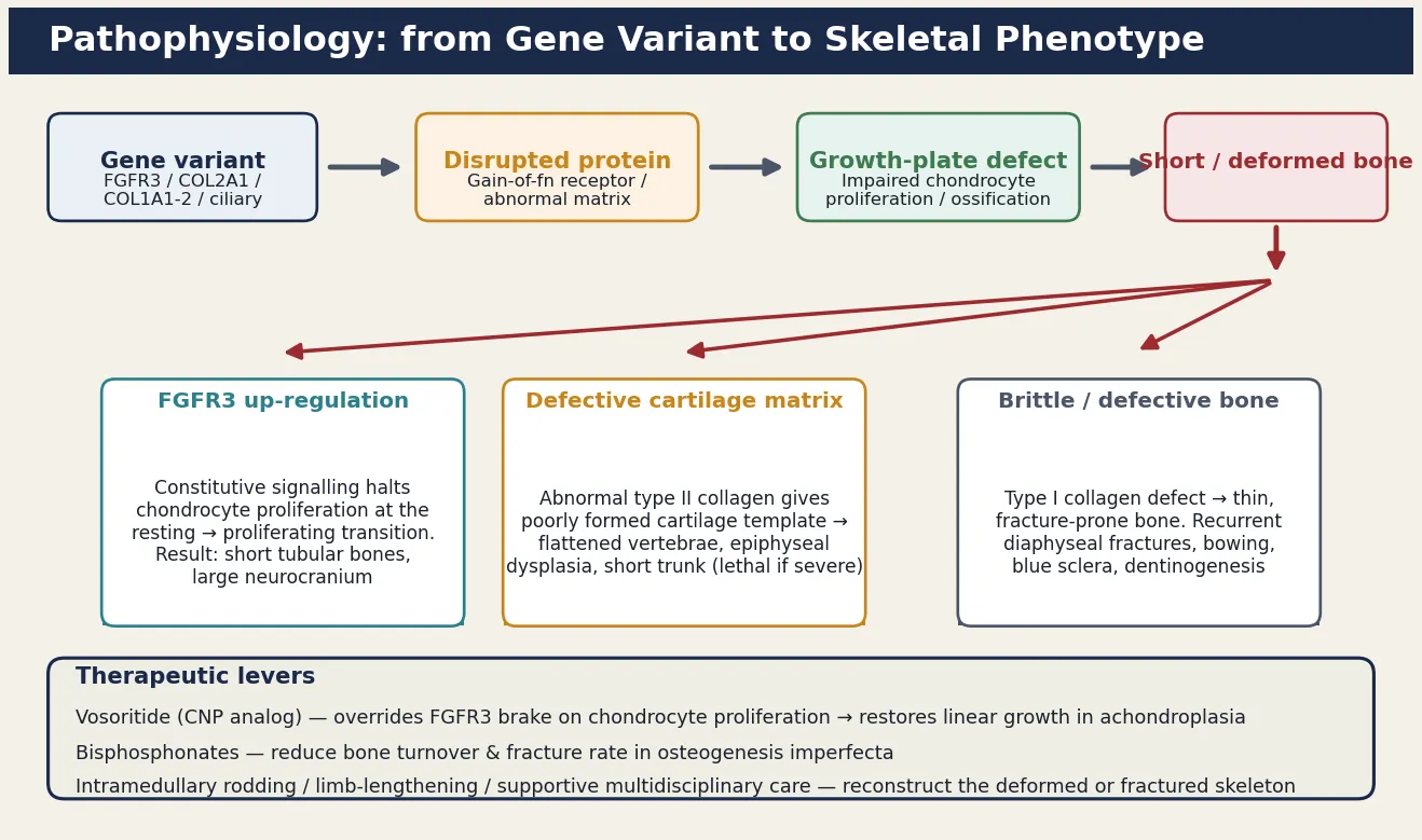 Pathophysiology cascade showing gene variant (FGFR3, COL2A1, COL1A1/2, ciliary) leading to disrupted protein, growth-plate defect with impaired chondrocyte proliferation or ossification, and skeletal consequences (short tubular bones, flattened vertebrae, brittle bone), with therapeutic levers vosoritide, bisphosphonates and rodding overlaid