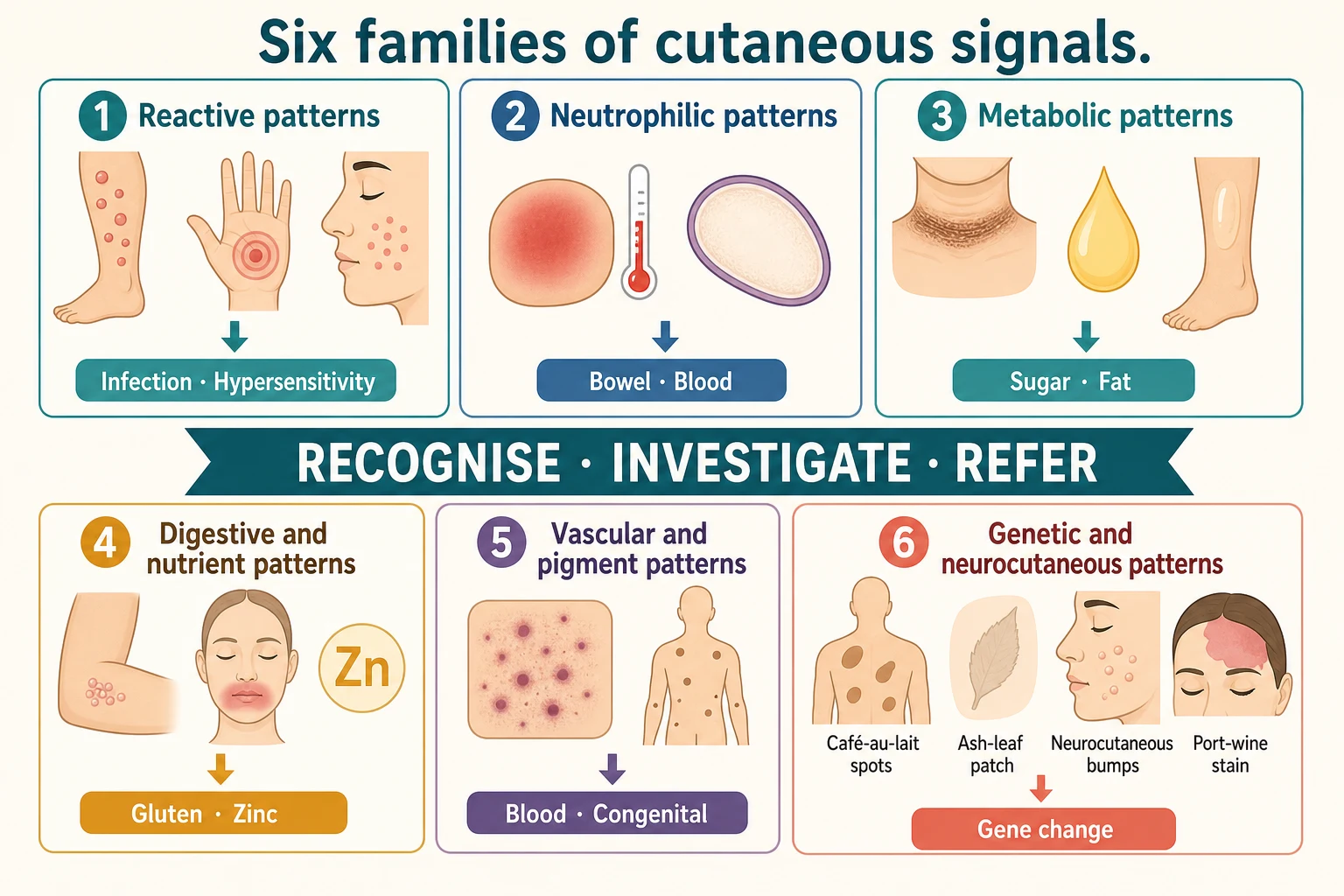 Seven-panel classification schematic of cutaneous signs of systemic disease in children: panel one reactive erythemas showing erythema nodosum tender red nodules on the shins linked to streptococci, erythema multiforme target lesions on the hands linked to herpes simplex, and Gianotti-Crosti lichenoid papules on the cheeks and limbs sparing the trunk linked to viral hepatitis; panel two neutrophilic dermatoses showing Sweet syndrome painful erythematous pseudovesicular plaques with fever linked to leukaemia and inflammatory bowel disease, and pyoderma gangrenosum ulcer with a violaceous undermined edge; panel three metabolic and endocrine markers showing acanthosis nigricans velvety hyperpigmented flexural thickening linked to insulin resistance, necrobiosis lipoidica yellow atrophic plaques on the shins linked to diabetes, and xanthomas linked to hyperlipidaemia; panel four gastrointestinal and nutritional dermatoses showing dermatitis herpetiformis itchy grouped vesicles on elbows and buttocks linked to coeliac disease, and acrodermatitis enteropathica periorificial and acral dermatitis linked to zinc deficiency; panel five haematological and neoplastic markers showing non-blanching petechiae and purpura linked to leukaemia and septicaemia, and the blueberry muffin neonate with dark blue-red papules linked to congenital infection; panel six neurocutaneous syndromes showing cafe-au-lait macules and axillary freckling of neurofibromatosis type 1, ash-leaf hypopigmented macules and angiofibromas of tuberous sclerosis, and a forehead port-wine stain of Sturge-Weber syndrome; panel seven a central framework tile reading recognise, investigate the underlying disease, refer