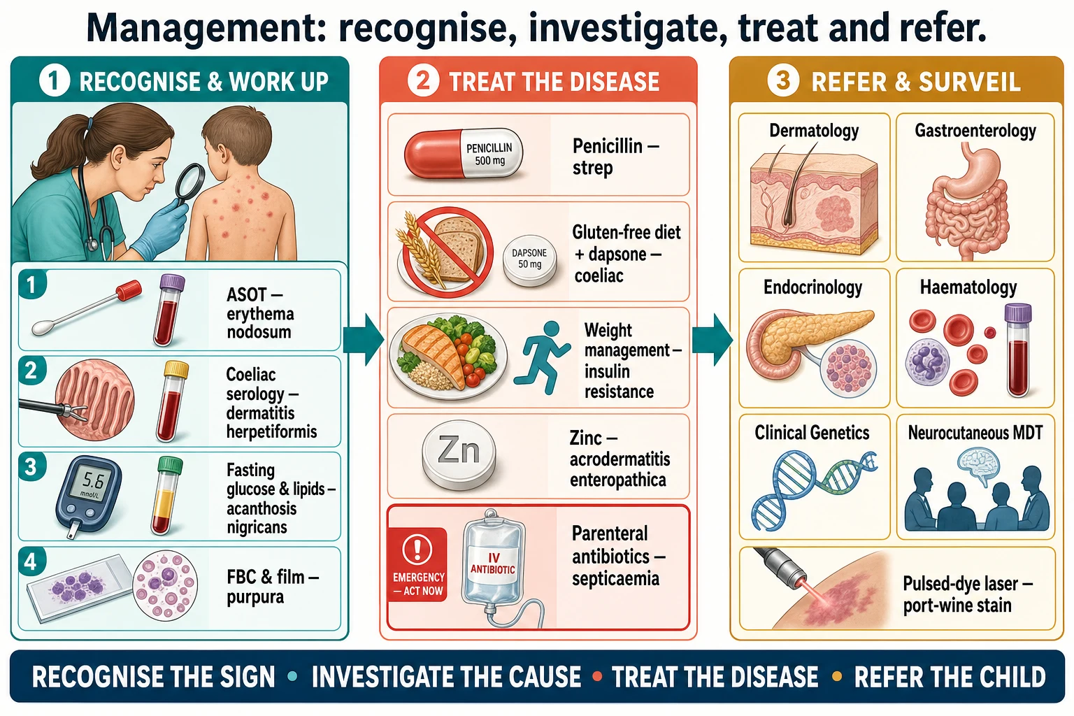 Three-column management pathway for cutaneous signs of systemic disease: column one recognise and work up showing a clinician examining skin lesions, a throat swab and antistreptolysin-O titre tile for erythema nodosum, a coeliac serology and duodenal biopsy tile for dermatitis herpetiformis, a fasting glucose and lipid panel tile for acanthosis nigricans, and a full blood count tile for purpura; column two treat the underlying disease showing penicillin for streptococcal infection, a strict gluten-free diet for coeliac disease with dapsone for itch, weight and lifestyle management for insulin resistance, and urgent parenteral antibiotics for septicaemia; column three refer and surveil showing dermatology, gastroenterology, endocrinology, haematology and clinical genetics referral tiles, a multidisciplinary neurocutaneous clinic tile, and laser treatment for the port-wine stain; a footer band reads recognise the sign, investigate the cause, treat the disease, refer the child