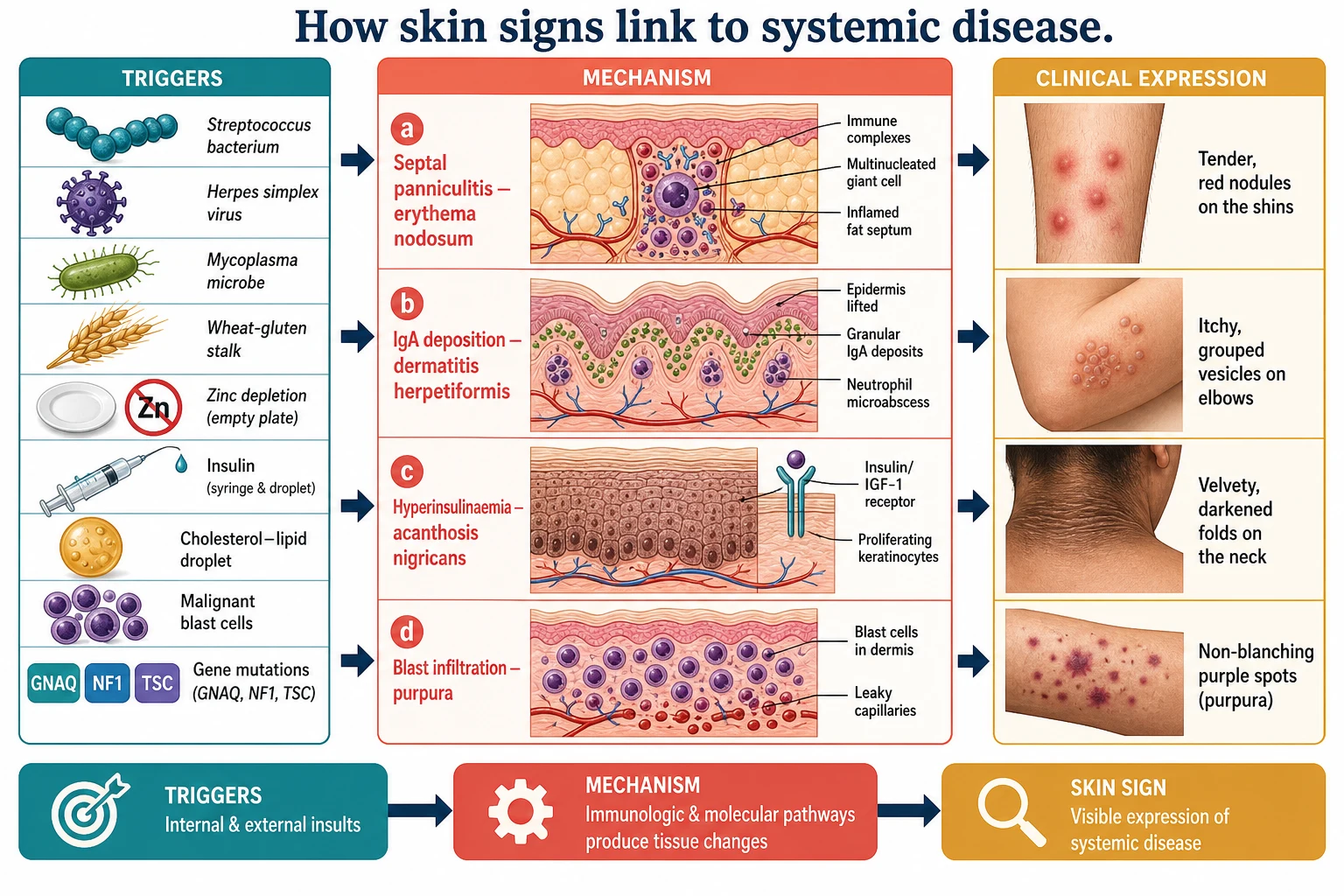 Left-to-right pathophysiology map linking cutaneous signs to systemic mechanisms: a triggers column showing streptococci, herpes simplex virus, mycoplasma, gluten, zinc depletion, insulin, hyperlipidaemia, leukaemic blasts and somatic GNAQ and NF1 and TSC gene mutations; a centre mechanisms column showing immune complex deposition causing septal panniculitis erythema nodosum in the subcutaneous fat, IgA anti-tissue-transglutaminase immune complexes depositing in the dermal papillae causing dermatitis herpetiformis blisters, hyperinsulinaemia driving epidermal hyperproliferation and acanthosis nigricans, zinc deficiency impairing keratinisation and causing acrodermatitis enteropathica, and leukaemic blast infiltration of the dermis; and a right clinical-expression column showing a skin cross-section with septal panniculitis nodules on the shin, target lesions on the hand, grouped papulovesicles on the elbow, velvety flexural pigmentation, non-blanching purpura and a port-wine stain capillary malformation