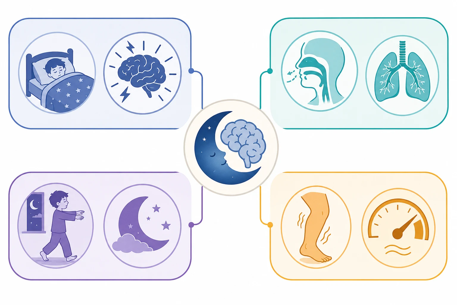 Educational infographic classifying sleep disorders with neurological disease into four colour-coded clusters, the dyssomnias, sleep-disordered breathing, parasomnias, and sleep-related movement disorders, arranged around a central moon-and-brain emblem with pictogram icons