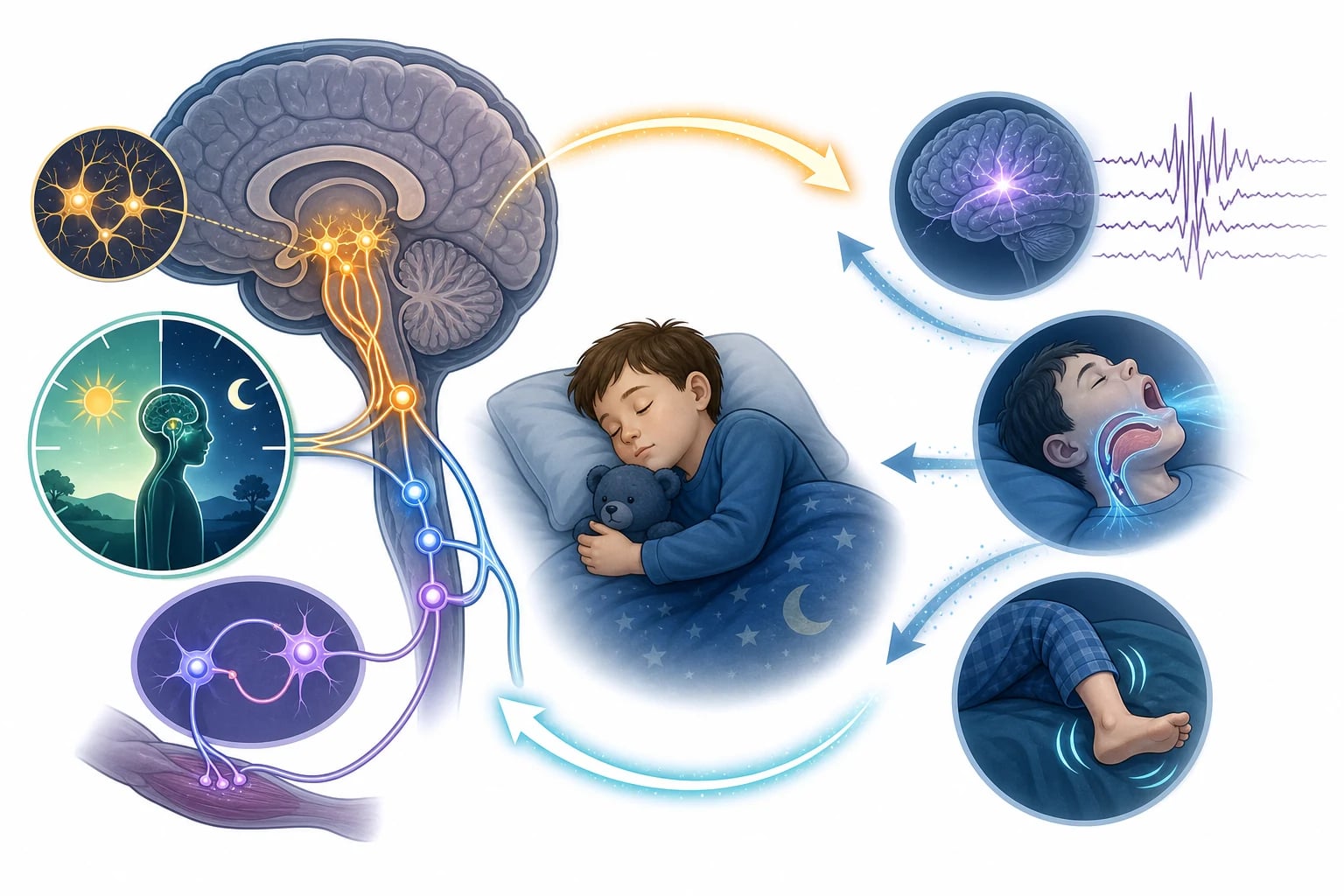 Educational schematic showing the bidirectional relationship between the brain and sleep, with hypothalamic orexin neurons, the circadian pacemaker, and the brainstem REM-atonia circuit on one side and returning arrows showing disordered sleep disrupting the brain through epileptiform activity, airway obstruction, and restless limbs