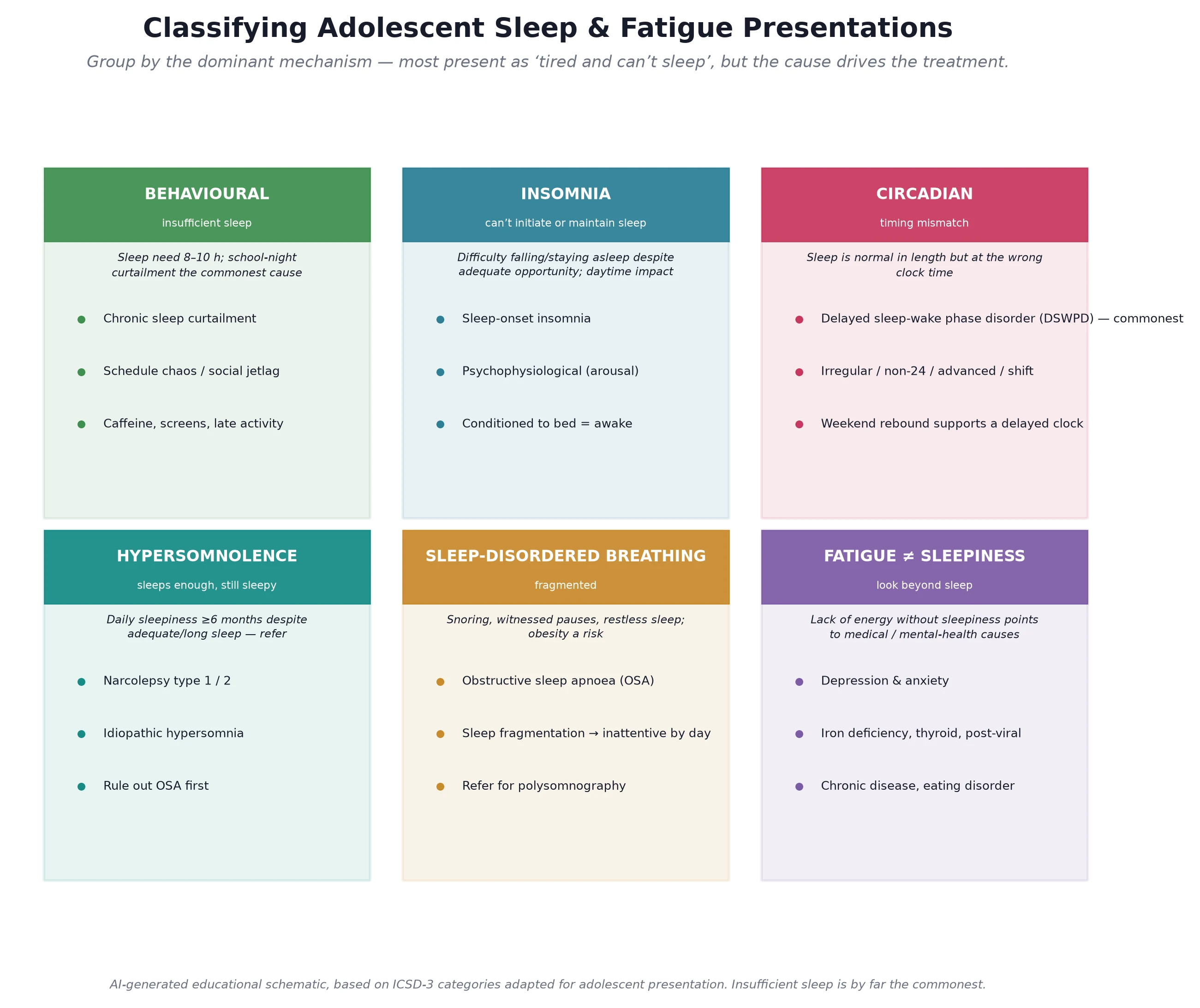 Educational schematic classifying adolescent sleep and fatigue presentations into six mechanism-based groups: behavioural insufficient sleep, insomnia, circadian timing disorders, hypersomnolence, sleep-disordered breathing, and fatigue from non-sleep causes