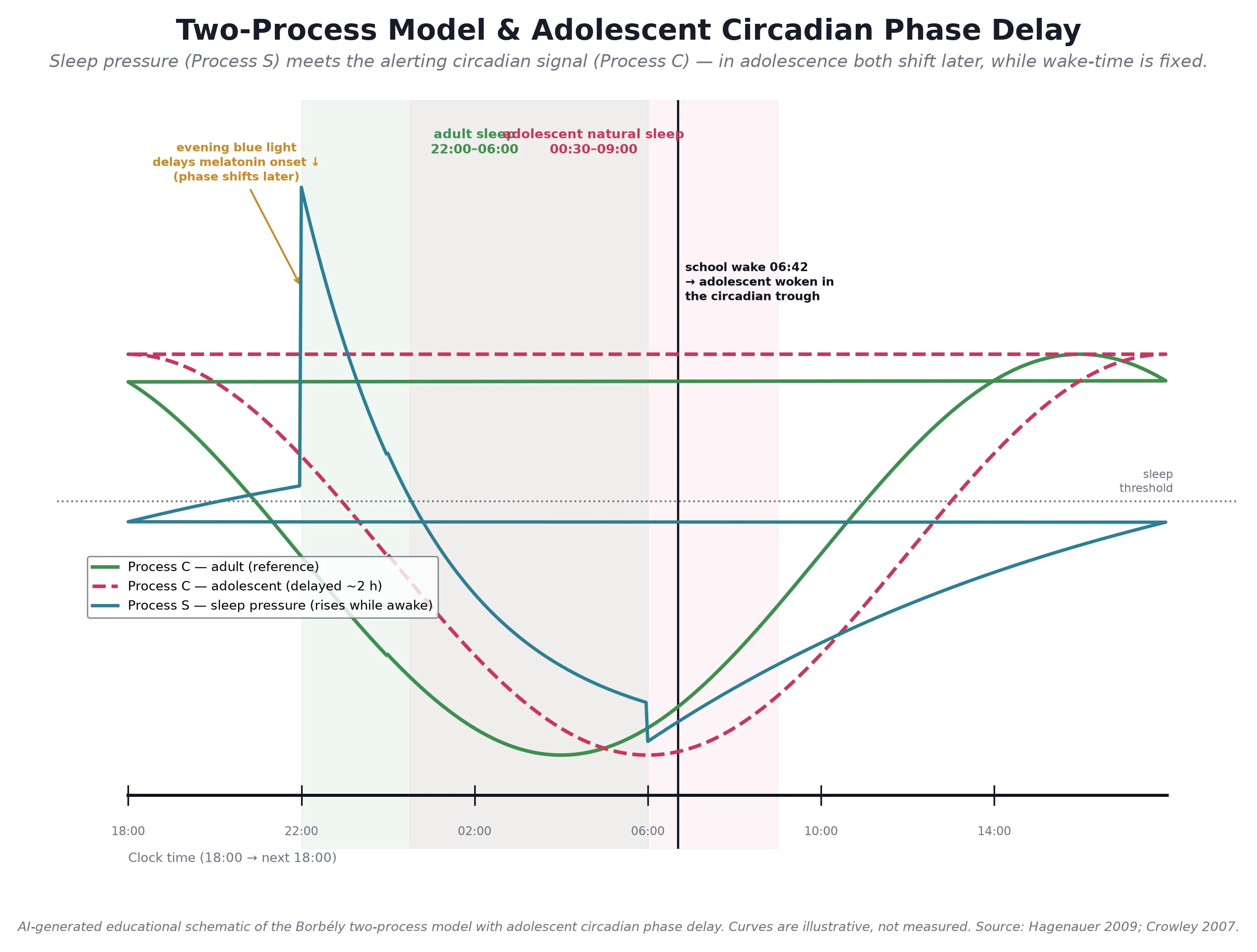 Educational schematic of the two-process model showing homeostatic sleep pressure (Process S) rising through the day and the circadian alerting signal (Process C) for an adult and a phase-delayed adolescent, with evening blue light delaying melatonin onset and a fixed school wake-time truncating sleep
