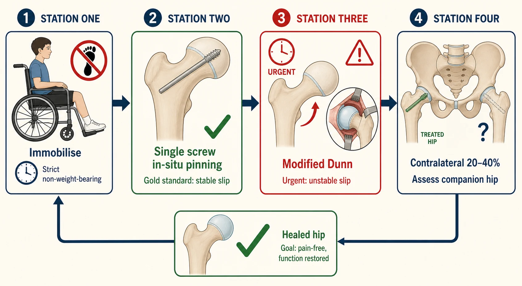 Management pathway flowing left to right through four stations connected by arrows. Station one shows a non-weight-bearing adolescent on a wheelchair with a crutches-crossed-out icon representing strict immobilisation. Station two shows single-screw in-situ pinning with a percutaneous cannulated screw crossing the physis from the femoral neck into the centre of the epiphysis, labelled the gold standard for stable slips. Station three shows the unstable slip pathway with a clock and red warning icon, a gentle reduction arrow, and the modified Dunn surgical dislocation with capital realignment. Station four shows a contralateral hip with a question mark and a prophylactic screw icon, labelled twenty to forty per cent bilateral risk, plus a healed joint with a green check returning from the pathway