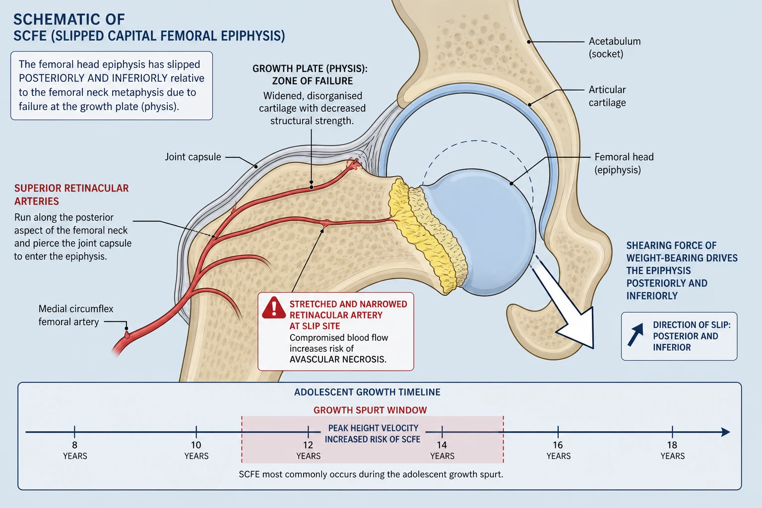 Cross-section schematic of the proximal femur and hip joint. The femoral head epiphysis sits in the acetabulum while the metaphysis of the femoral neck has rotated anteriorly and superiorly, with the physis drawn as a widened disorganised cartilage plate at the failure point. Red retinacular vessels from the medial circumflex femoral artery run along the posterior femoral neck and pierce the capsule to enter the epiphysis, with one vessel shown stretched and kinked at the slip site and a warning icon flagging avascular necrosis risk. An arrow shows the shearing force of weight-bearing driving the slip, and the growth spurt timeline marks the adolescent window of physeal vulnerability