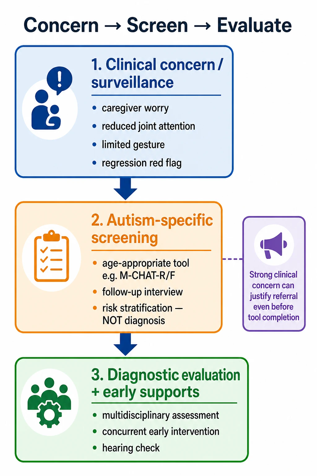 Educational flowchart from clinical social communication concern through autism-specific screening to diagnostic evaluation and early supports