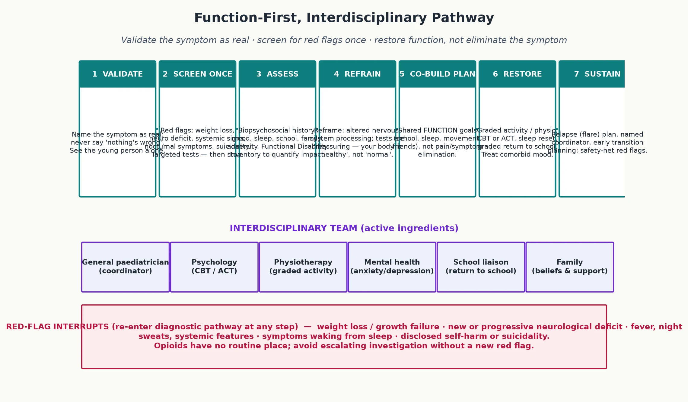 Educational seven-step function-first interdisciplinary pathway — validate, screen once, assess, reframe, co-build a plan, restore function, sustain — with interdisciplinary team roles and red-flag interrupts