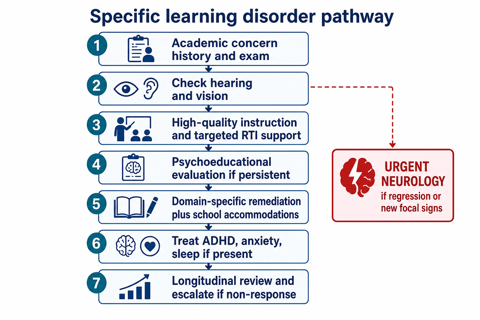 Educational stepwise algorithm from academic concern through sensory checks RTI psychoeducational evaluation domain remediation accommodations comorbidity care and review