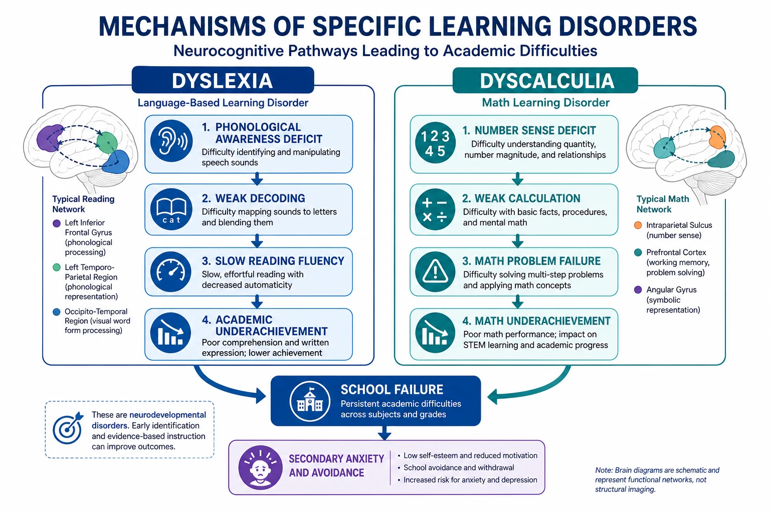 Educational mechanism diagram showing phonological pathway failure in dyslexia and number-sense pathway failure in dyscalculia cascading to academic failure and secondary anxiety