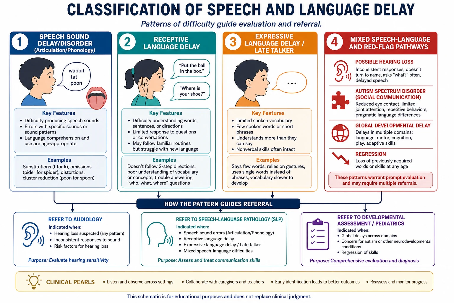 Classification map of speech sound delay, receptive language delay, expressive language delay and red-flag pathways with referral arrows