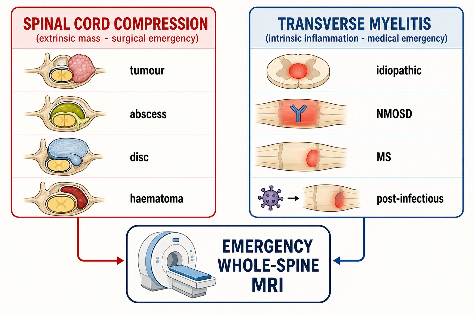 Two labelled columns side by side. The left column is titled spinal cord compression, an extrinsic mass and surgical emergency, with four icons labelled tumour, abscess, disc, and haematoma. The right column is titled transverse myelitis, an intrinsic inflammation and medical emergency, with four icons labelled idiopathic, NMOSD, MS, and post-infectious. Between them, centred at the bottom, a rounded decision box with an MRI scanner icon reads emergency whole-spine MRI.