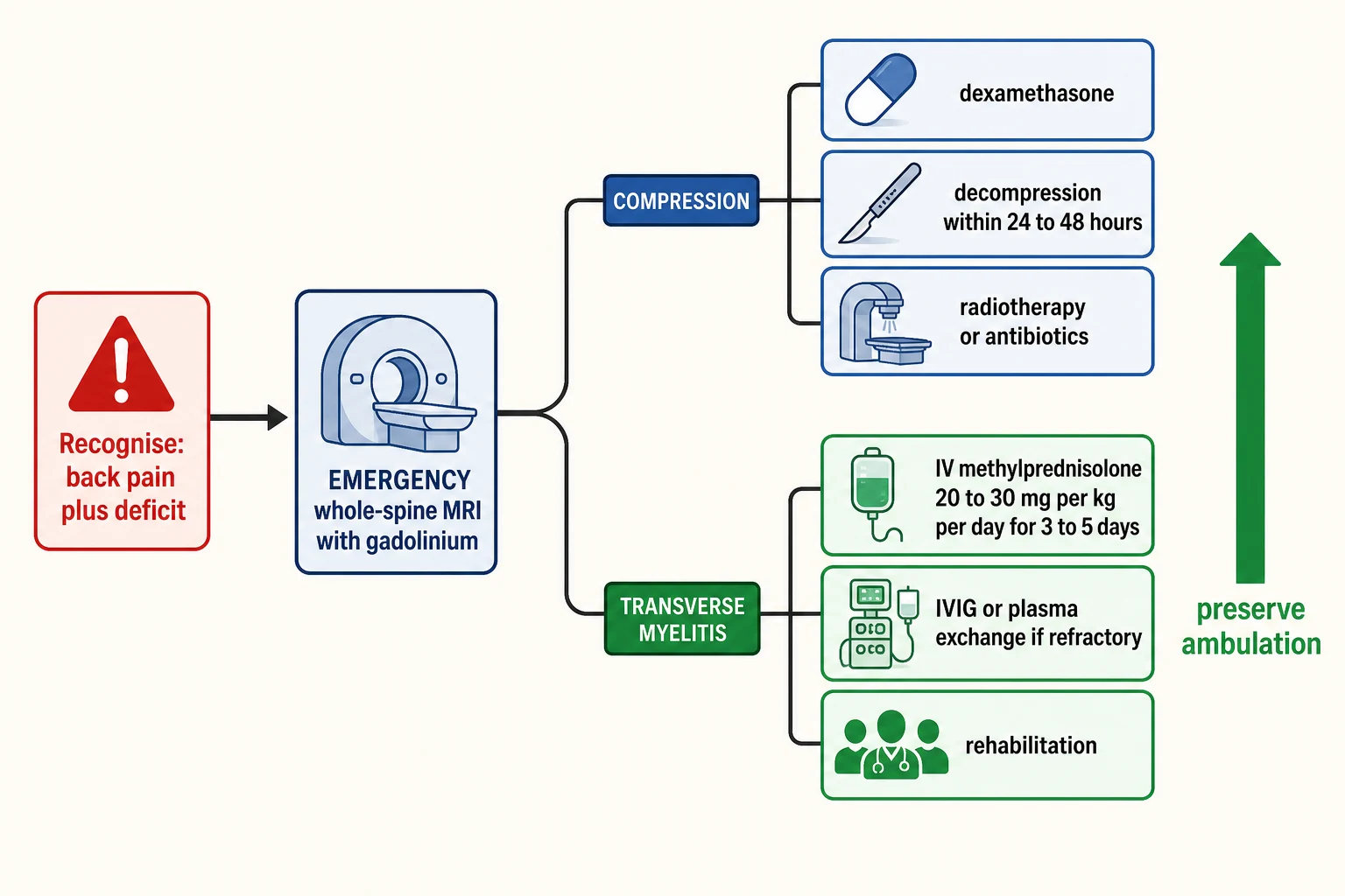 A stepwise emergency-management flowchart read left to right. It begins with a red-flag alert labelled recognise back pain plus deficit, then an arrow to a centred decision box with an MRI scanner labelled emergency whole-spine MRI with gadolinium. The pathway forks into an upper branch labelled compression with three boxes - dexamethasone, decompression within twenty-four to forty-eight hours, and radiotherapy or antibiotics - and a lower branch labelled transverse myelitis with three boxes - methylprednisolone, immunoglobulin or plasma exchange if refractory, and rehabilitation. It ends at a green arrow labelled preserve ambulation.