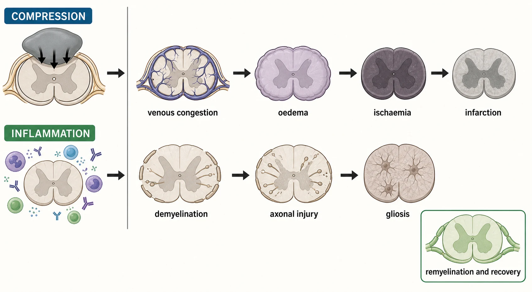Two left-to-right cascades. The top cascade, labelled compression, runs from an external mass pressing on the cord, to dilated veins labelled venous congestion, to a swollen cord labelled oedema, to a dark cord labelled ischaemia, to a grey dead cord labelled infarction. The bottom cascade, labelled inflammation, runs from immune cells and Y-shaped antibodies attacking the cord, to stripped myelin labelled demyelination, to damaged axons labelled axonal injury, to a scarred cord labelled gliosis. A bottom-right inset shows a green cord labelled remyelination and recovery.