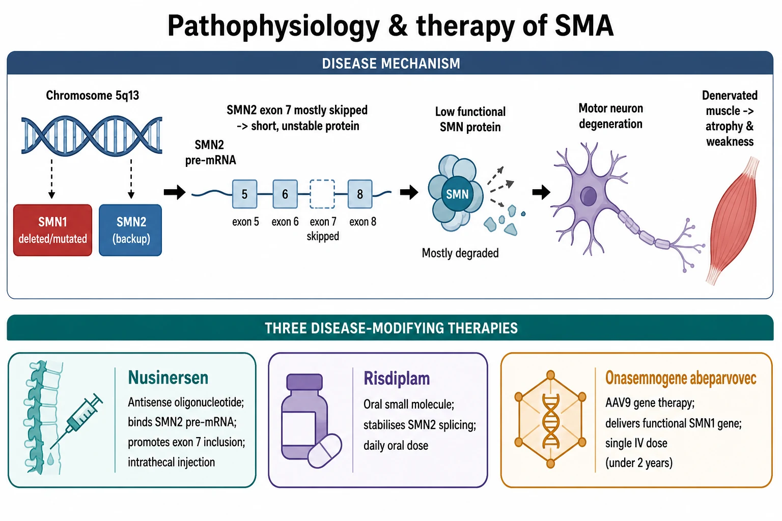 A pathophysiology mechanism diagram on a white background in two bands. The upper band shows chromosome 5q13 with the SMN1 gene deleted and the SMN2 backup gene whose messenger RNA skips exon 7 to make a short unstable protein, leading to low functional survival motor neuron protein and motor neuron degeneration with a denervated atrophied muscle. The lower band shows three therapy boxes: nusinersen an antisense oligonucleotide given intrathecally, risdiplam an oral small molecule, and onasemnogene abeparvovec an AAV9 gene therapy given as a single intravenous infusion.